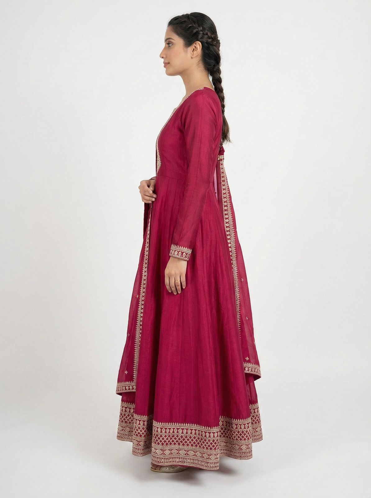 Dark Pink Pure Vichitra Silk Anarkali Suit Set