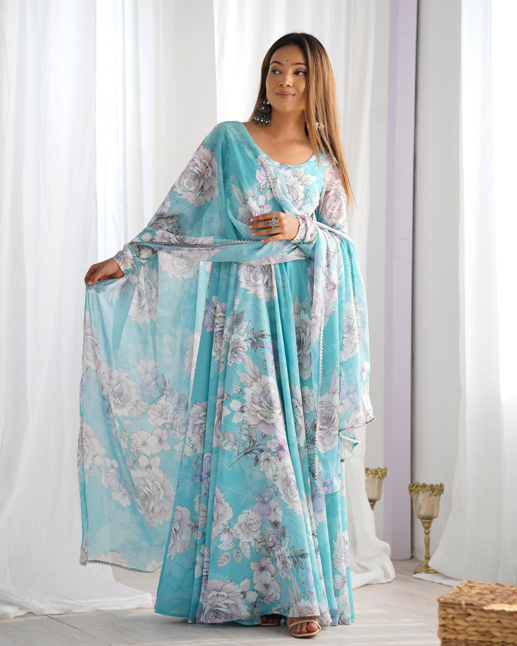 Sky Blue Pure Fox Georgette Floral Anarkali Suit Set