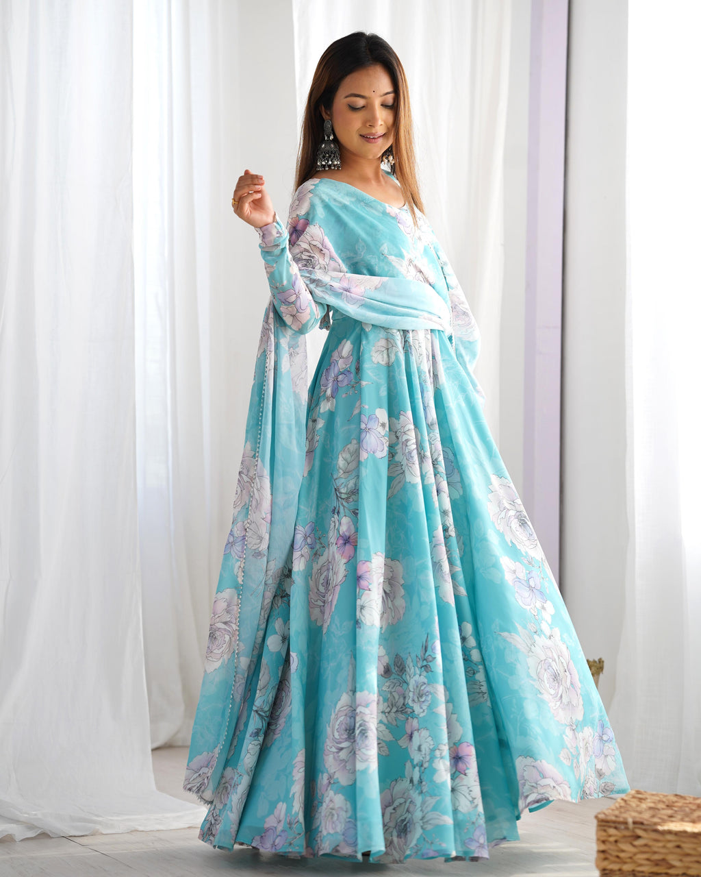 Sky Blue Pure Fox Georgette Floral Anarkali Suit Set