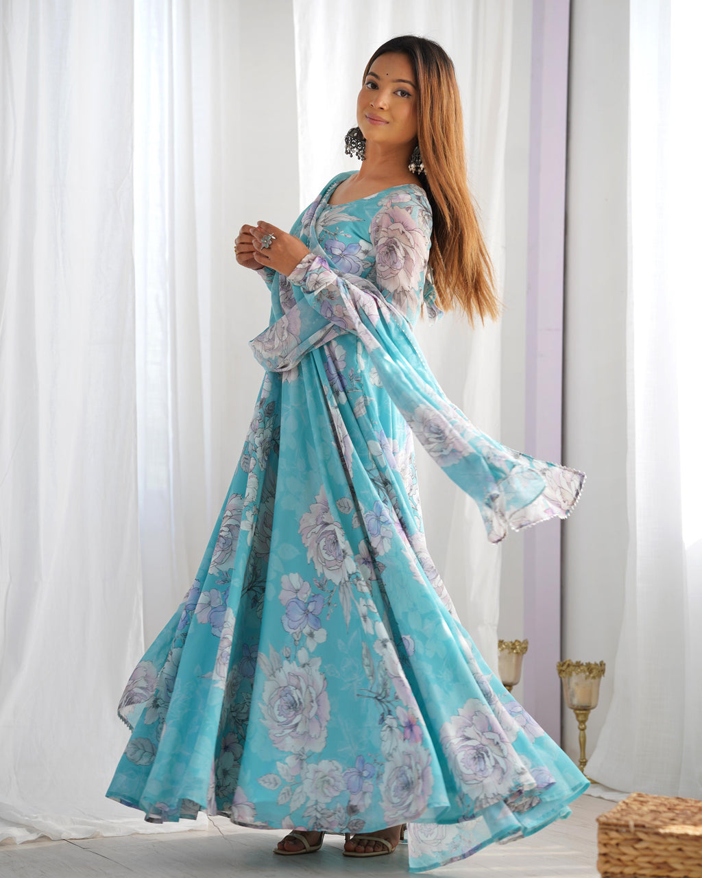 Sky Blue Pure Fox Georgette Floral Anarkali Suit Set