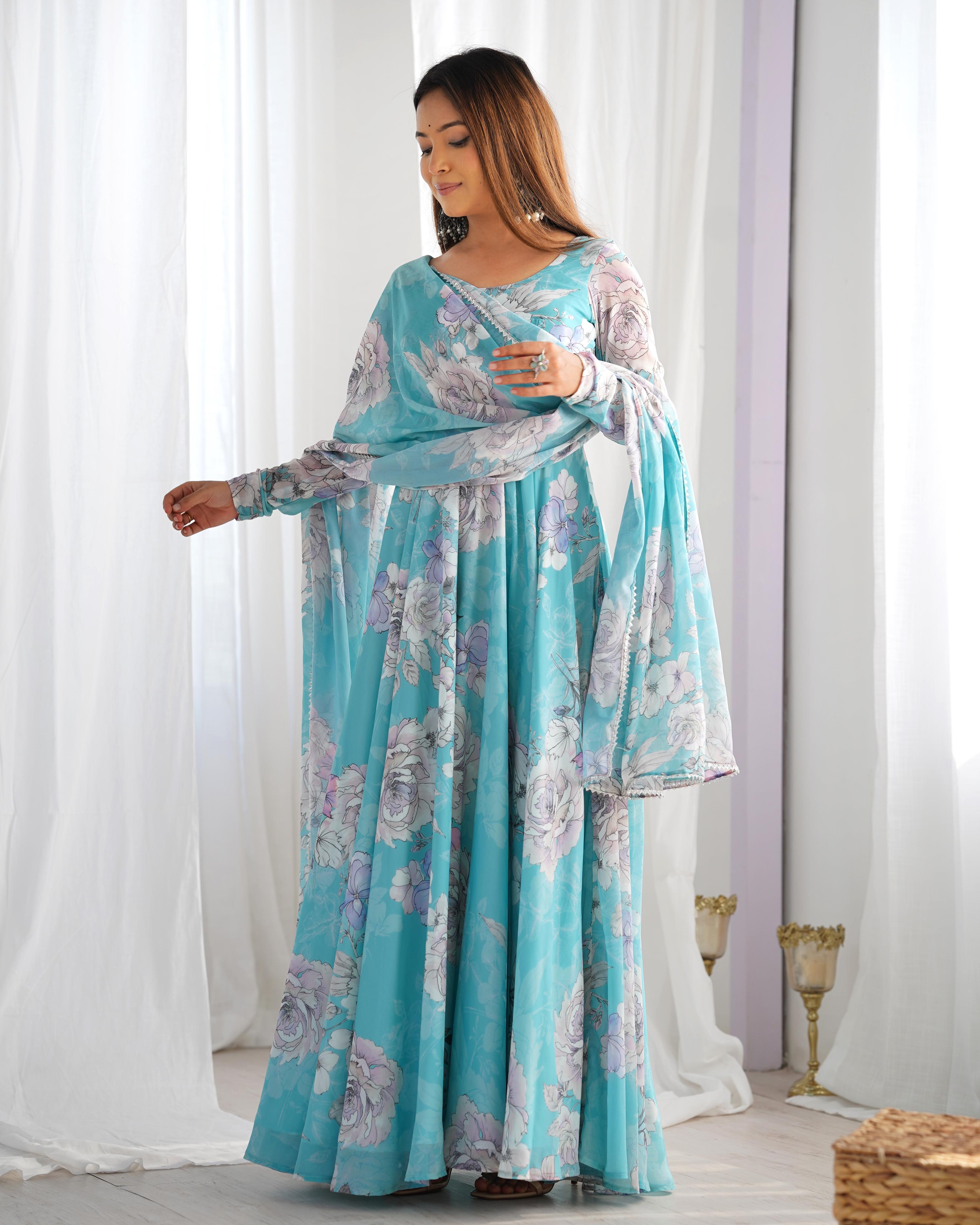 Sky Blue Pure Fox Georgette Floral Anarkali Suit Set
