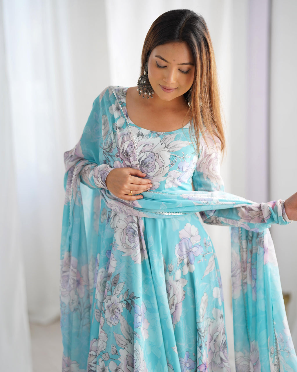 Sky Blue Pure Fox Georgette Floral Anarkali Suit Set