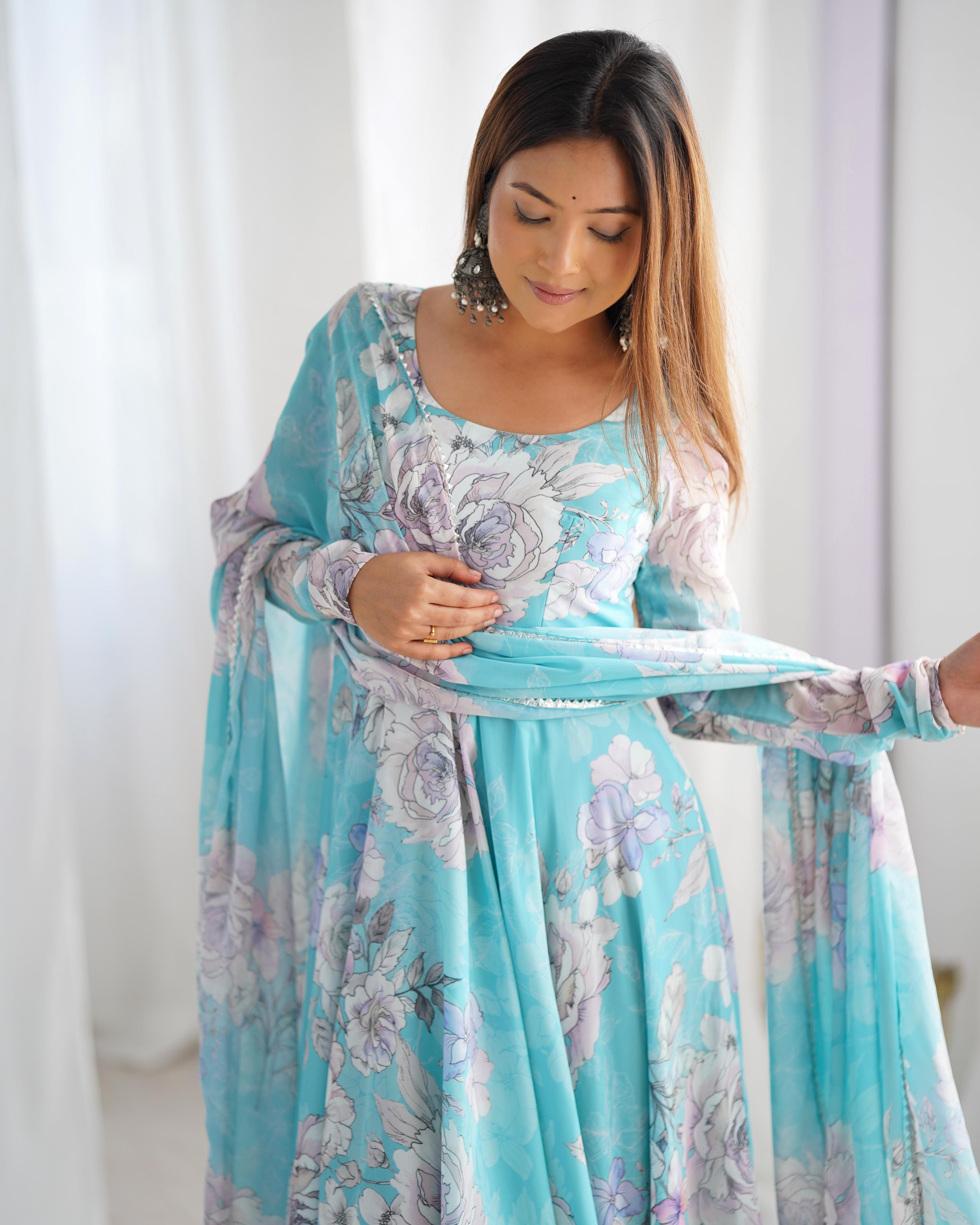 Sky Blue Pure Fox Georgette Floral Anarkali Suit Set