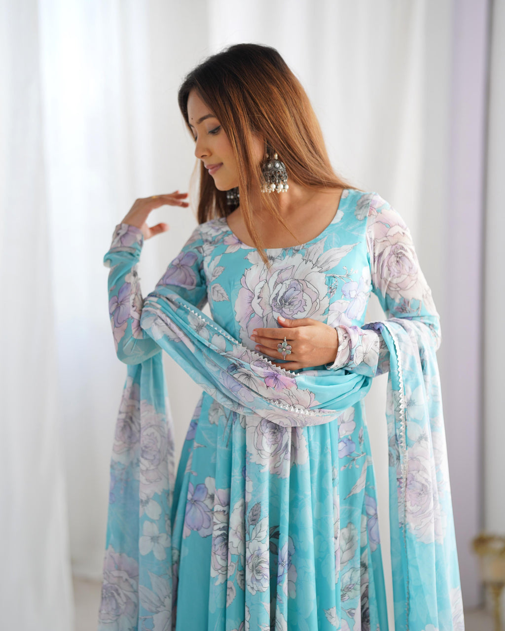 Sky Blue Pure Fox Georgette Floral Anarkali Suit Set