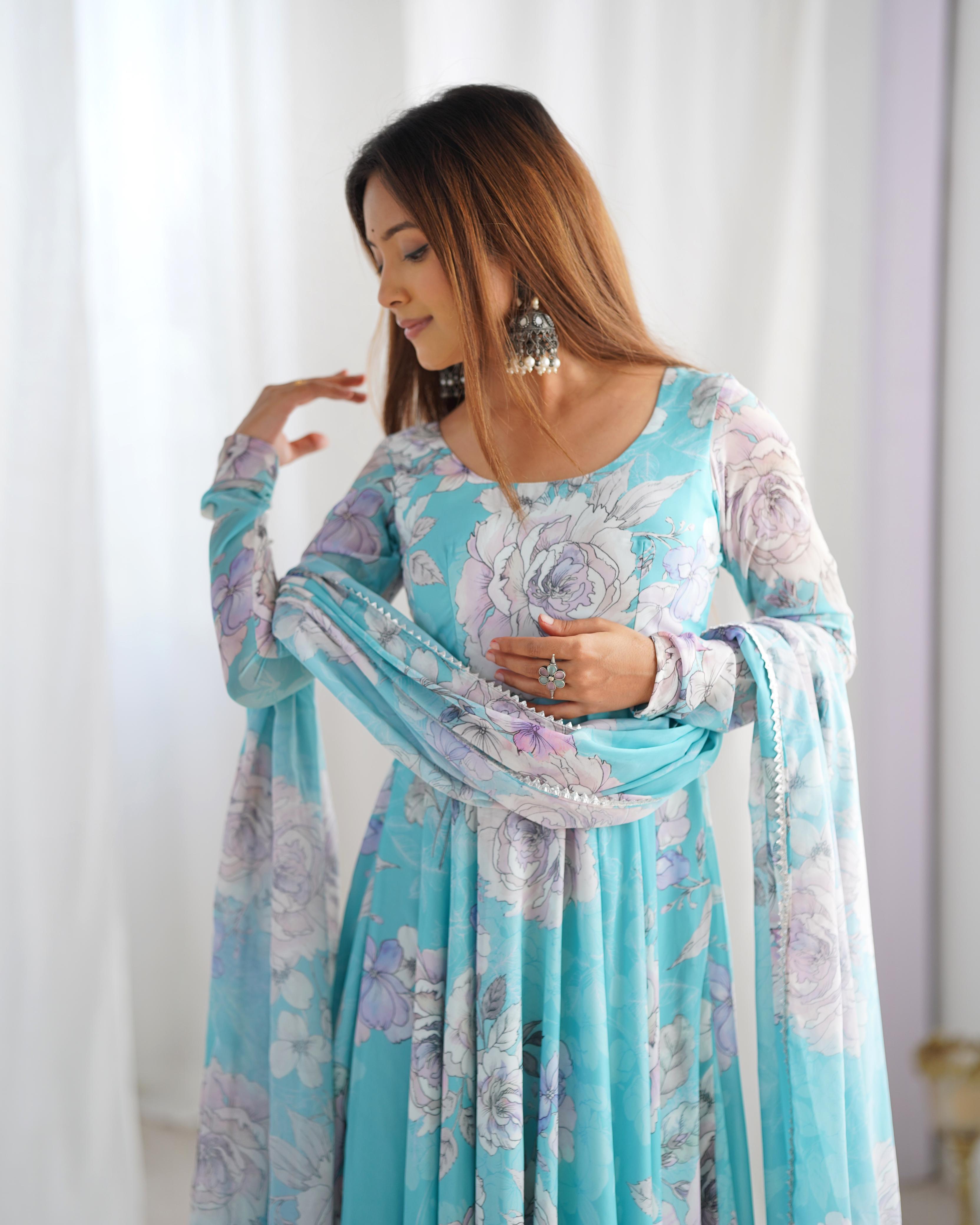 Sky Blue Pure Fox Georgette Floral Anarkali Suit Set