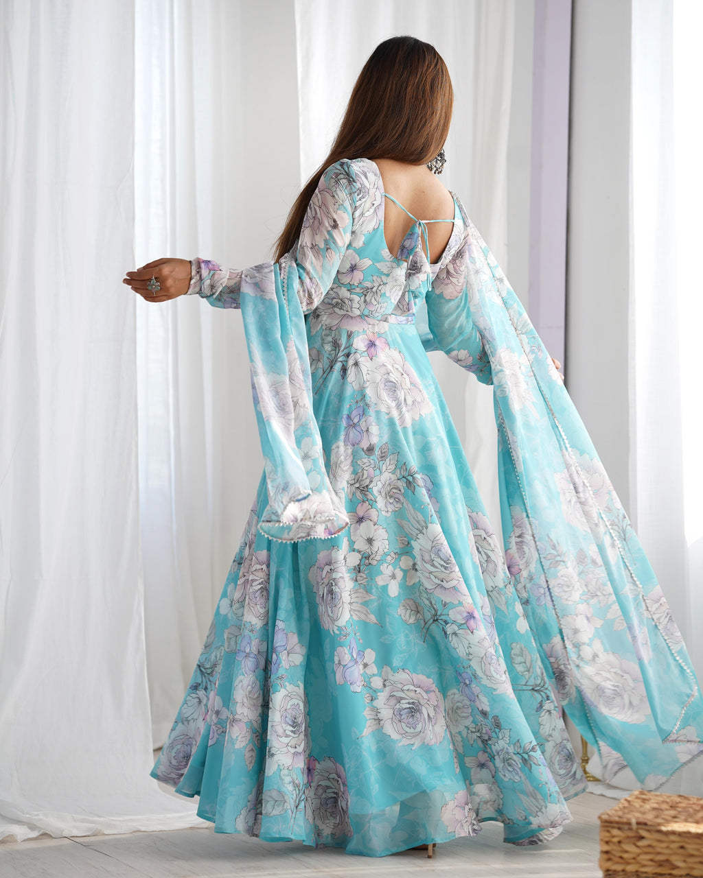 Sky Blue Pure Fox Georgette Floral Anarkali Suit Set