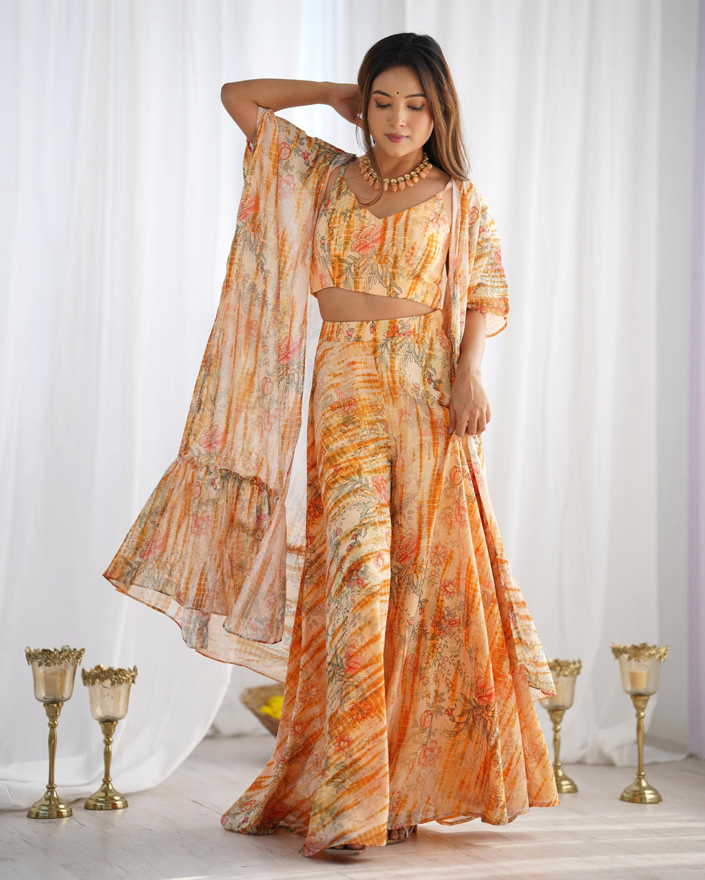 Yellow Pure Soft Fox Georgette Floral Indo Western Set