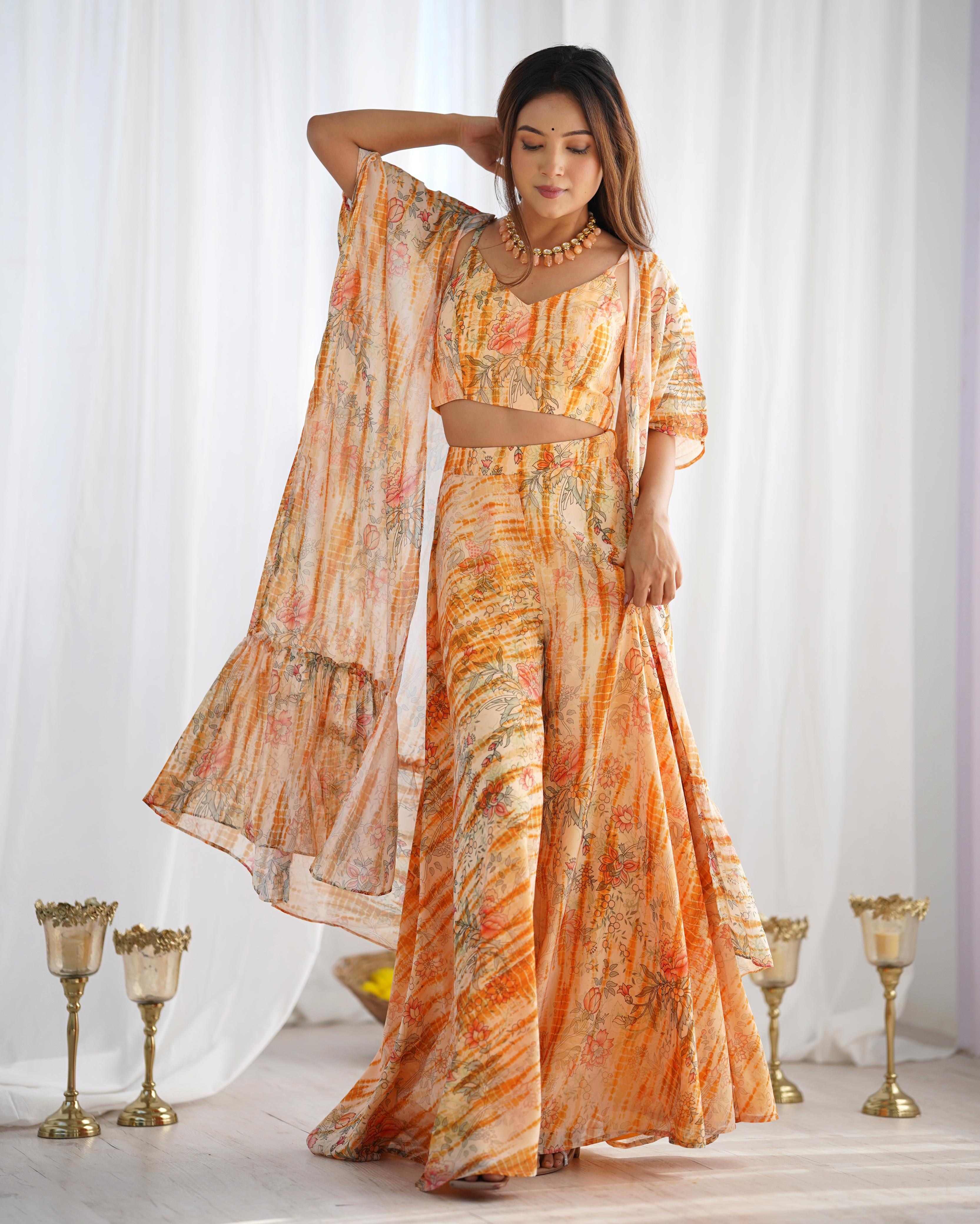 Yellow Pure Soft Fox Georgette Floral Indo Western Set