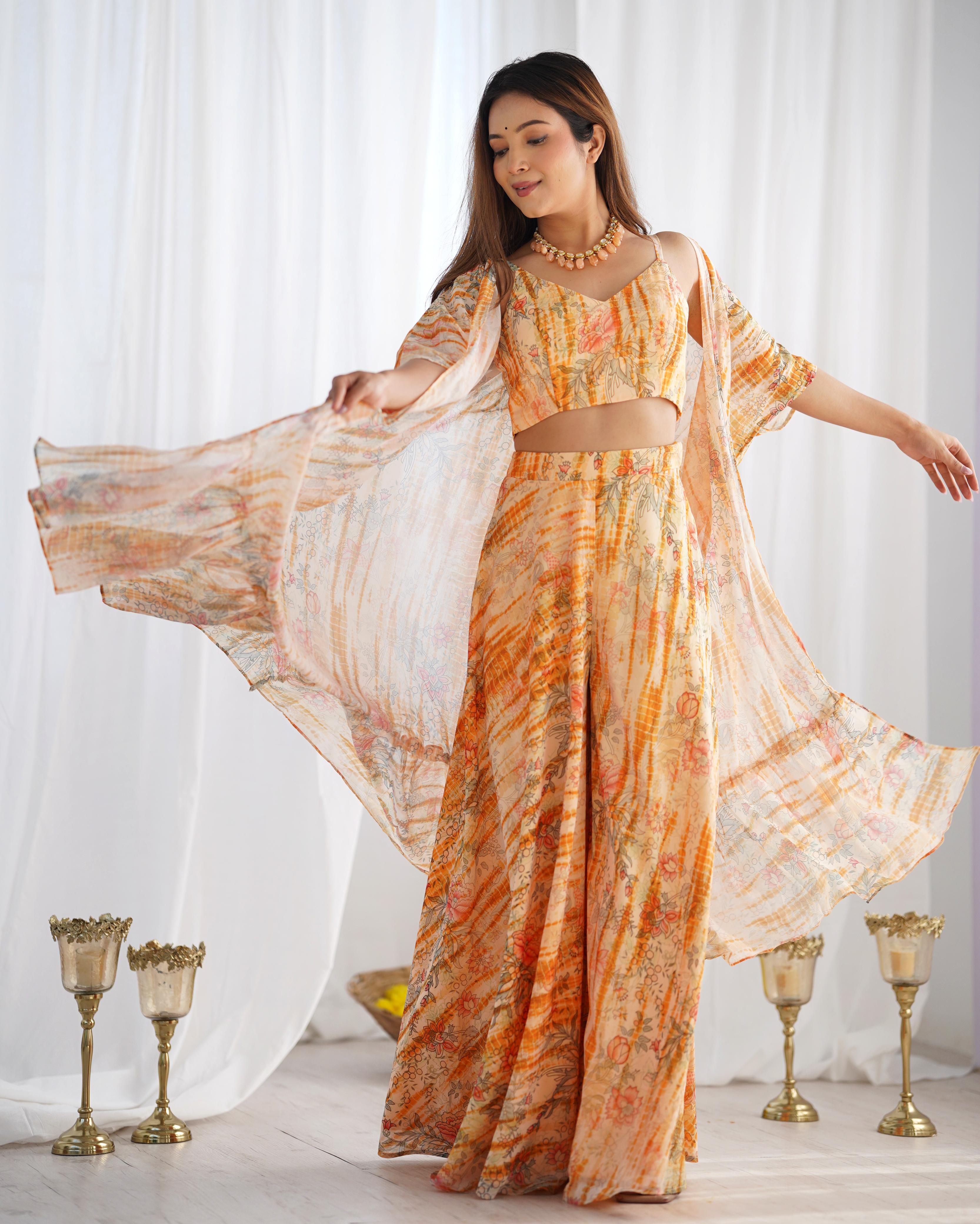 Yellow Pure Soft Fox Georgette Floral Indo Western Set