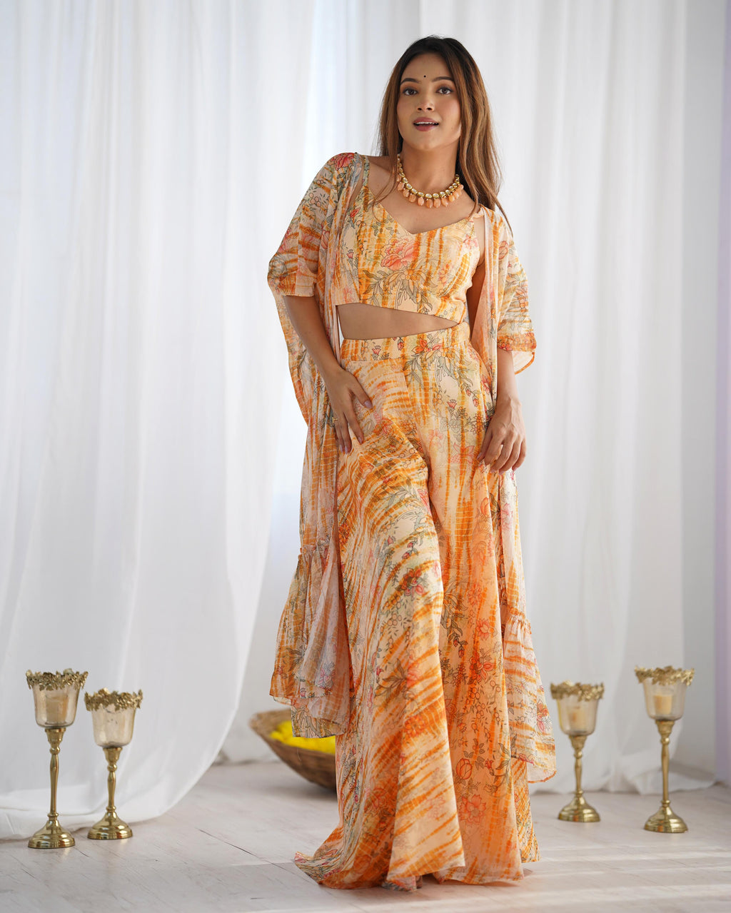 Yellow Pure Soft Fox Georgette Floral Indo Western Set