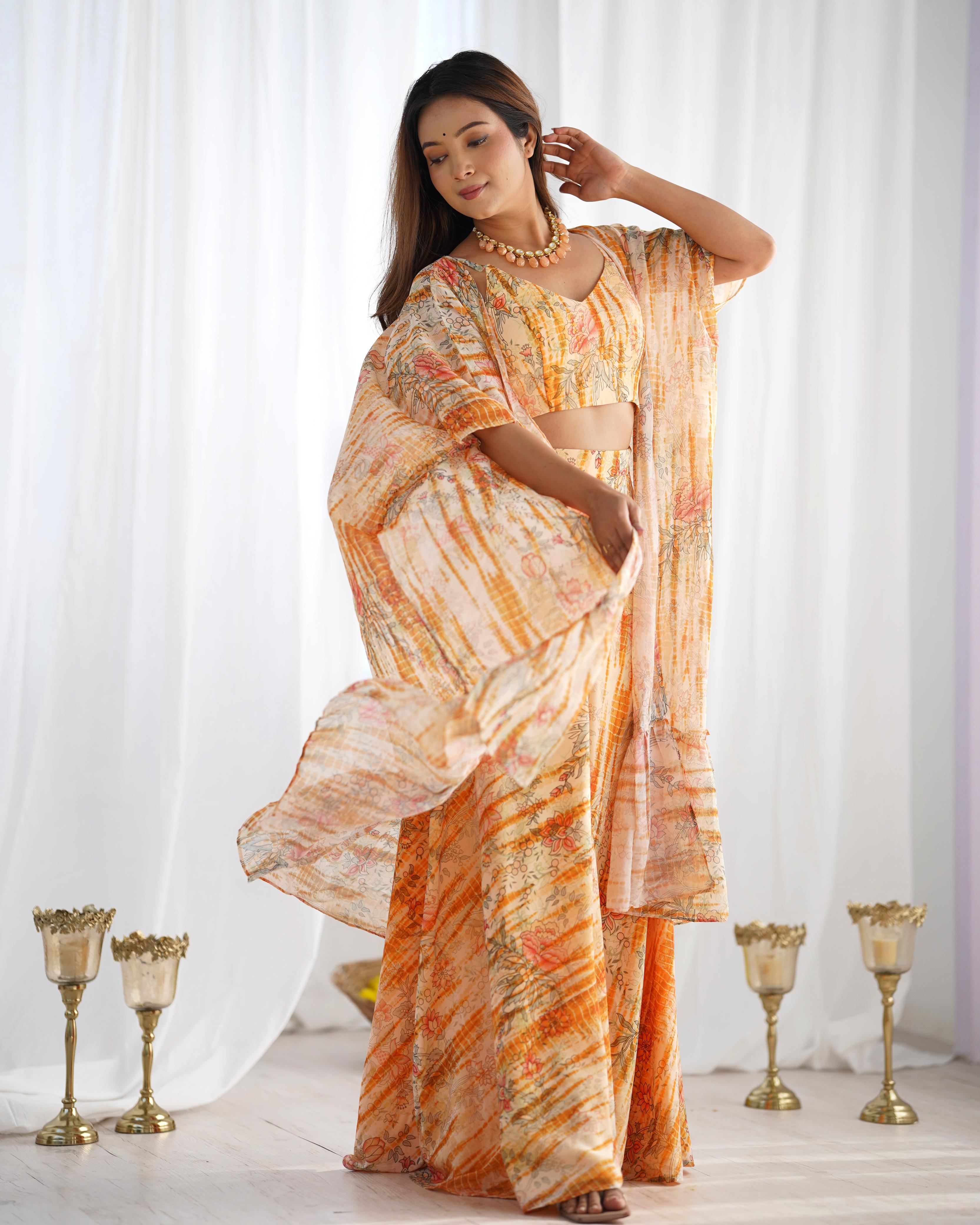 Yellow Pure Soft Fox Georgette Floral Indo Western Set