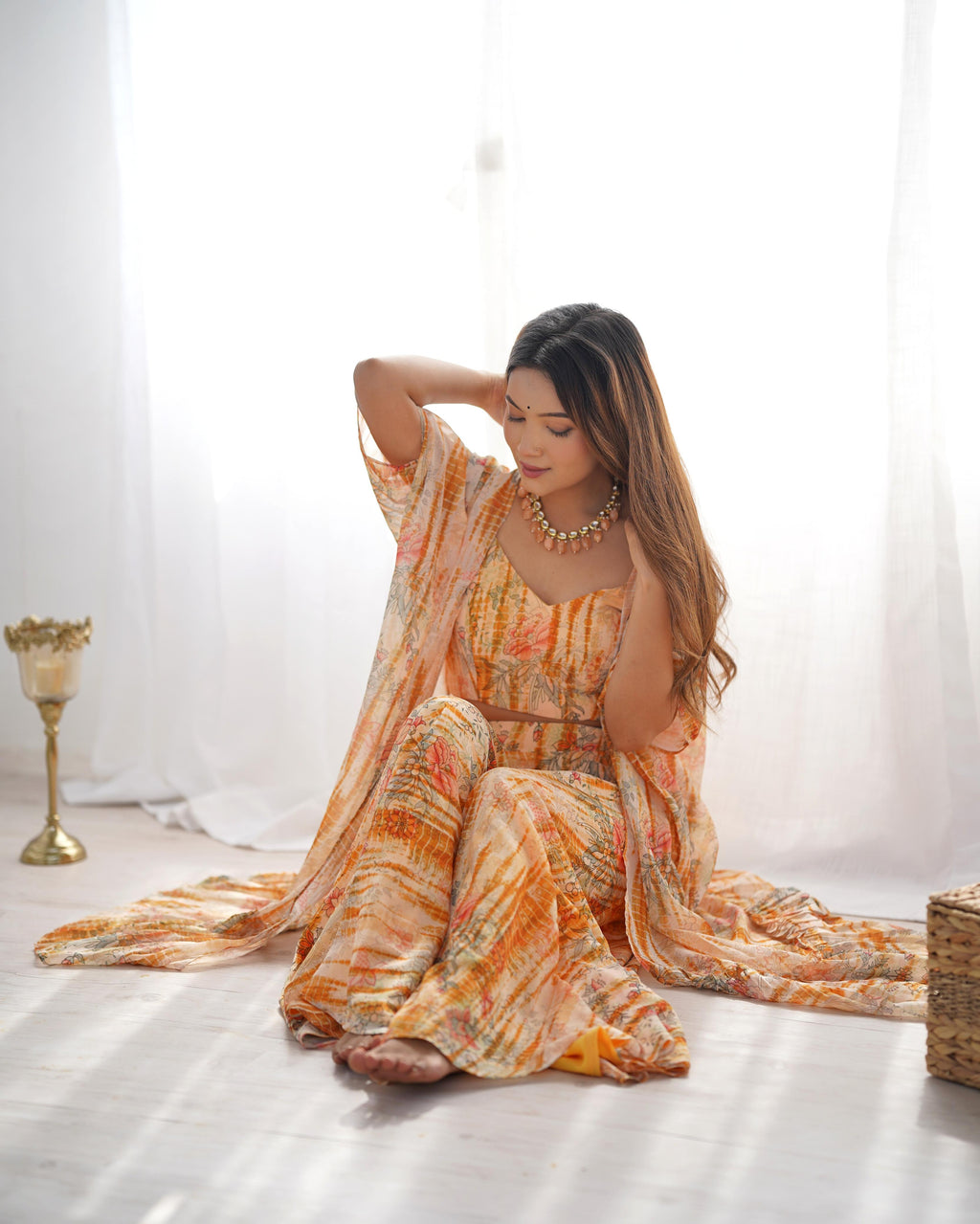 Yellow Pure Soft Fox Georgette Floral Indo Western Set