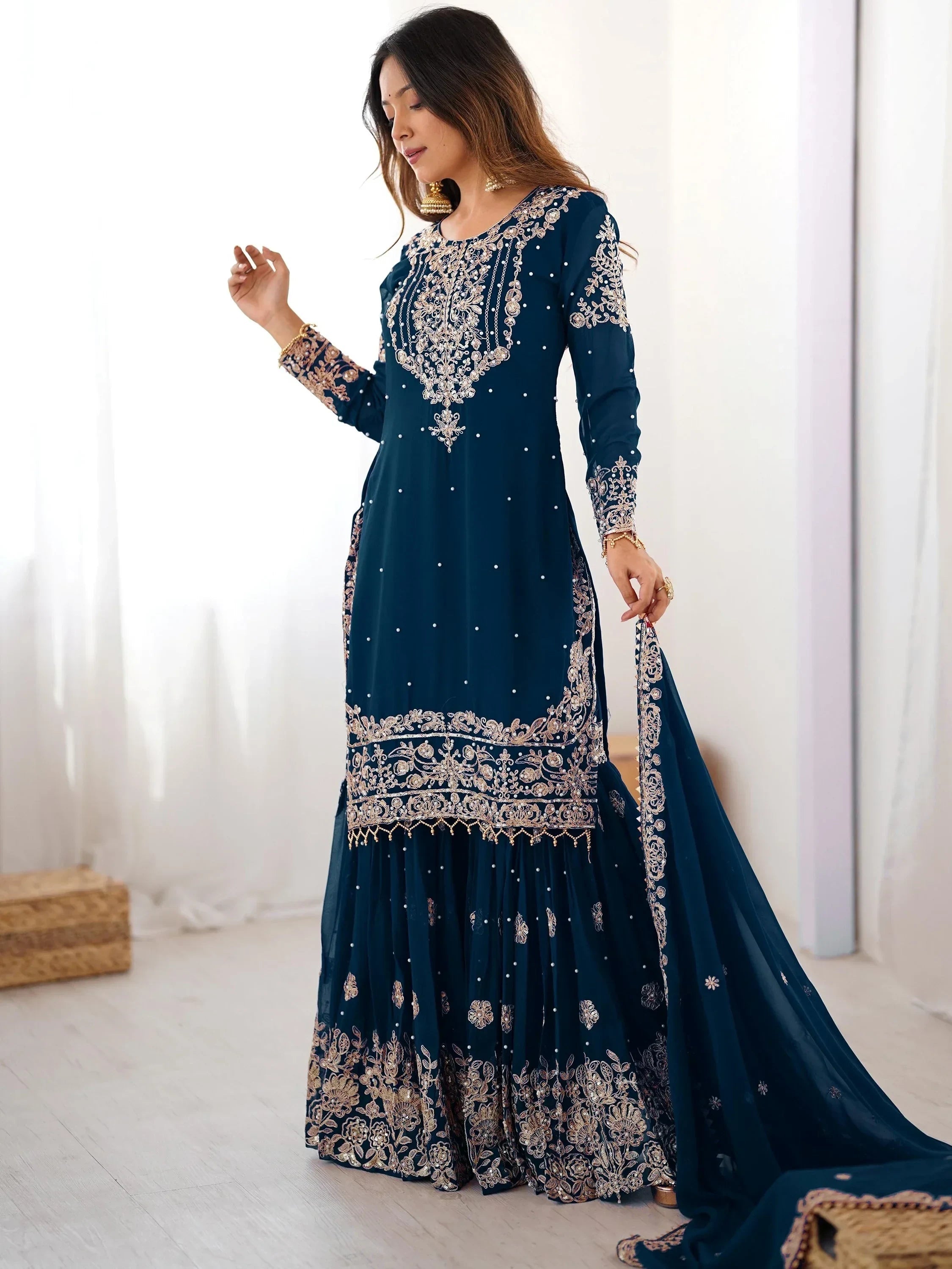 Mesmerizing Blue Embroidered Georgette Festival Wear Sharara Suit