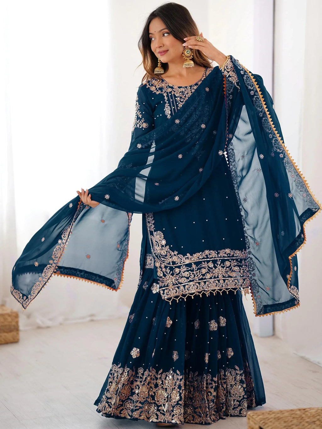 Mesmerizing Blue Embroidered Georgette Festival Wear Sharara Suit