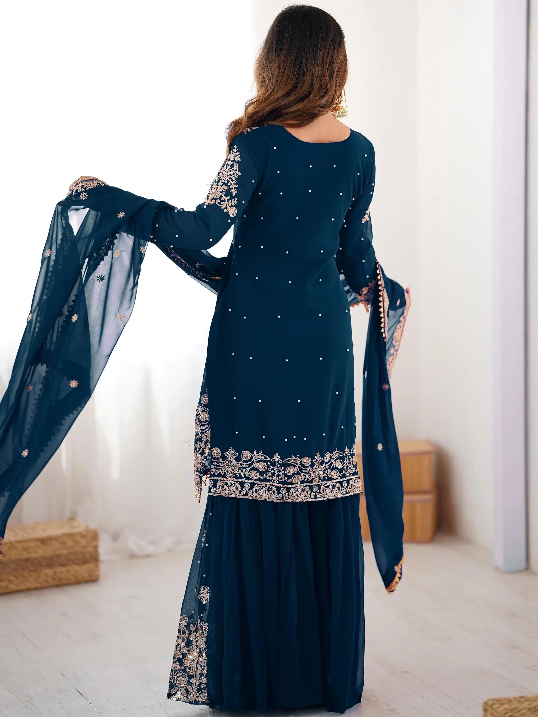 Mesmerizing Blue Embroidered Georgette Festival Wear Sharara Suit