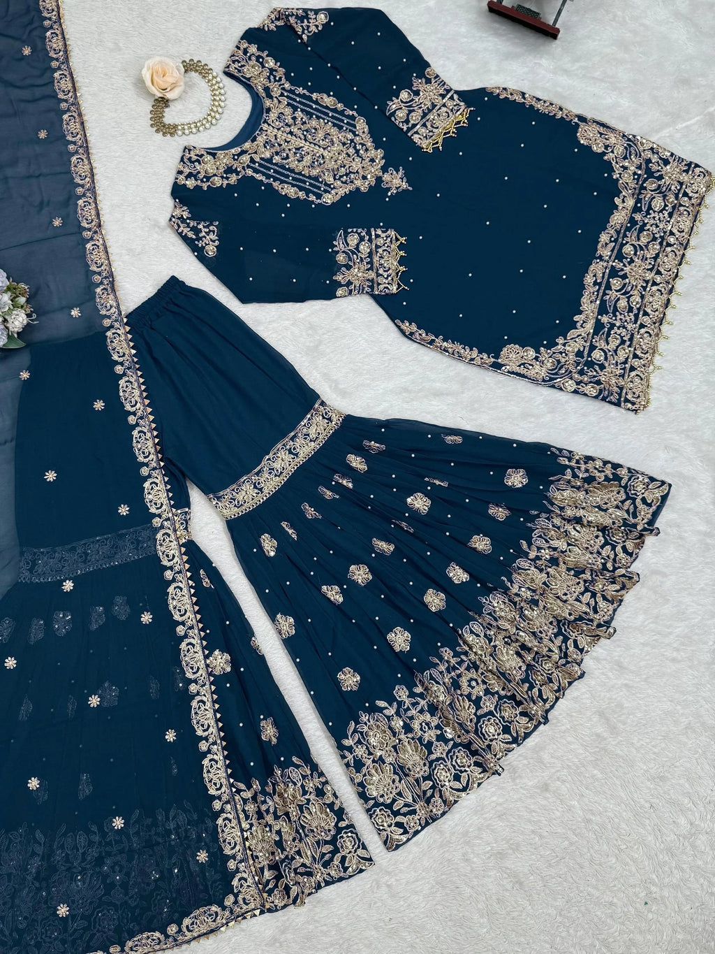 Mesmerizing Blue Embroidered Georgette Festival Wear Sharara Suit