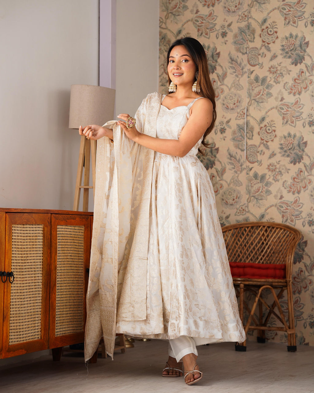 White Fancy Banarasi Jacquard Dola Silk Anarkali Suit Set