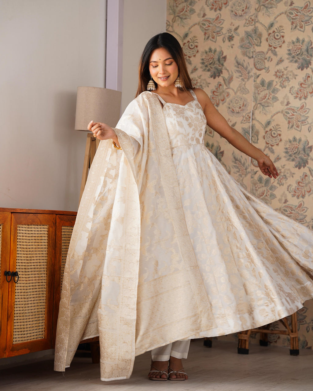 White Fancy Banarasi Jacquard Dola Silk Anarkali Suit Set