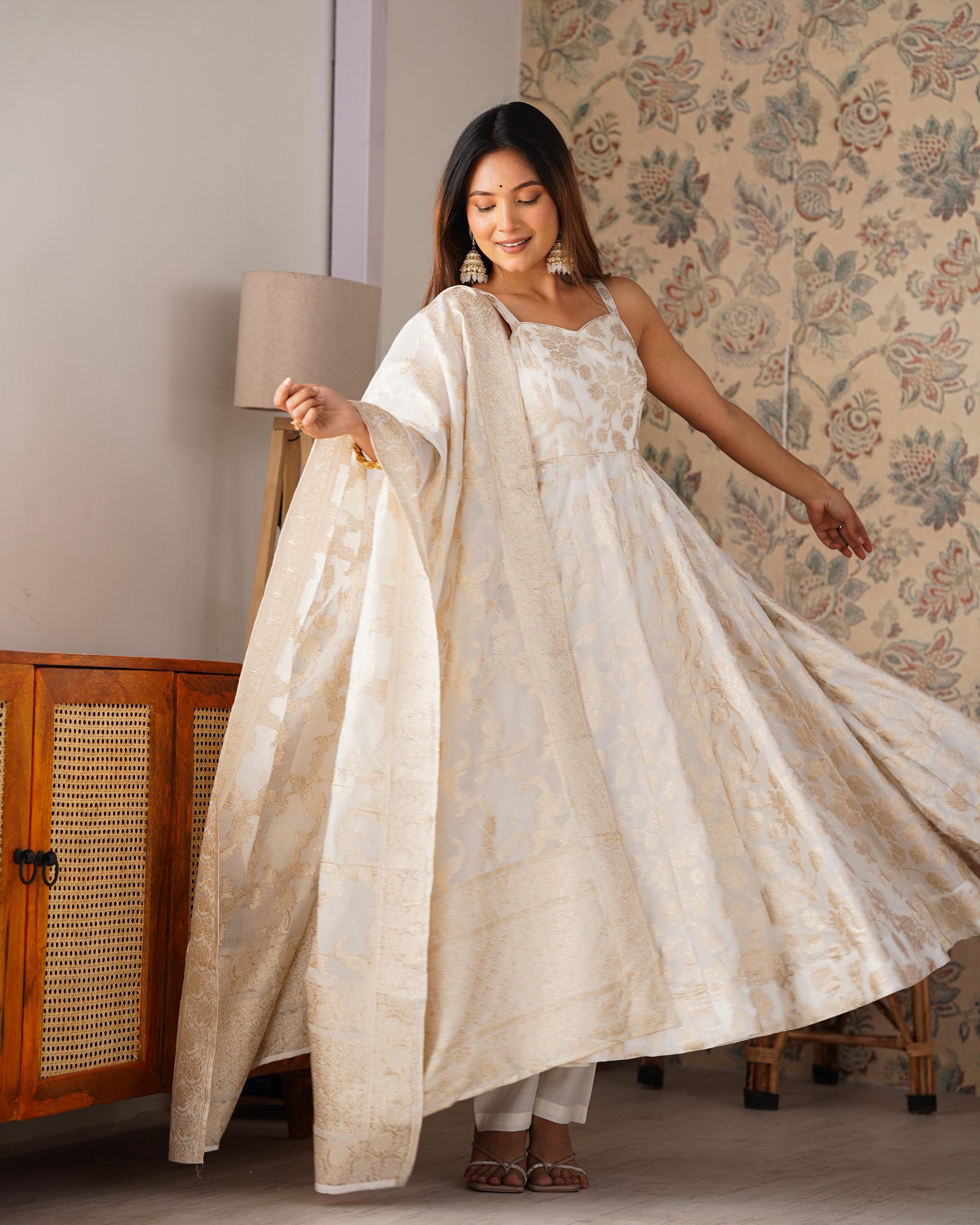 White Fancy Banarasi Jacquard Dola Silk Anarkali Suit Set
