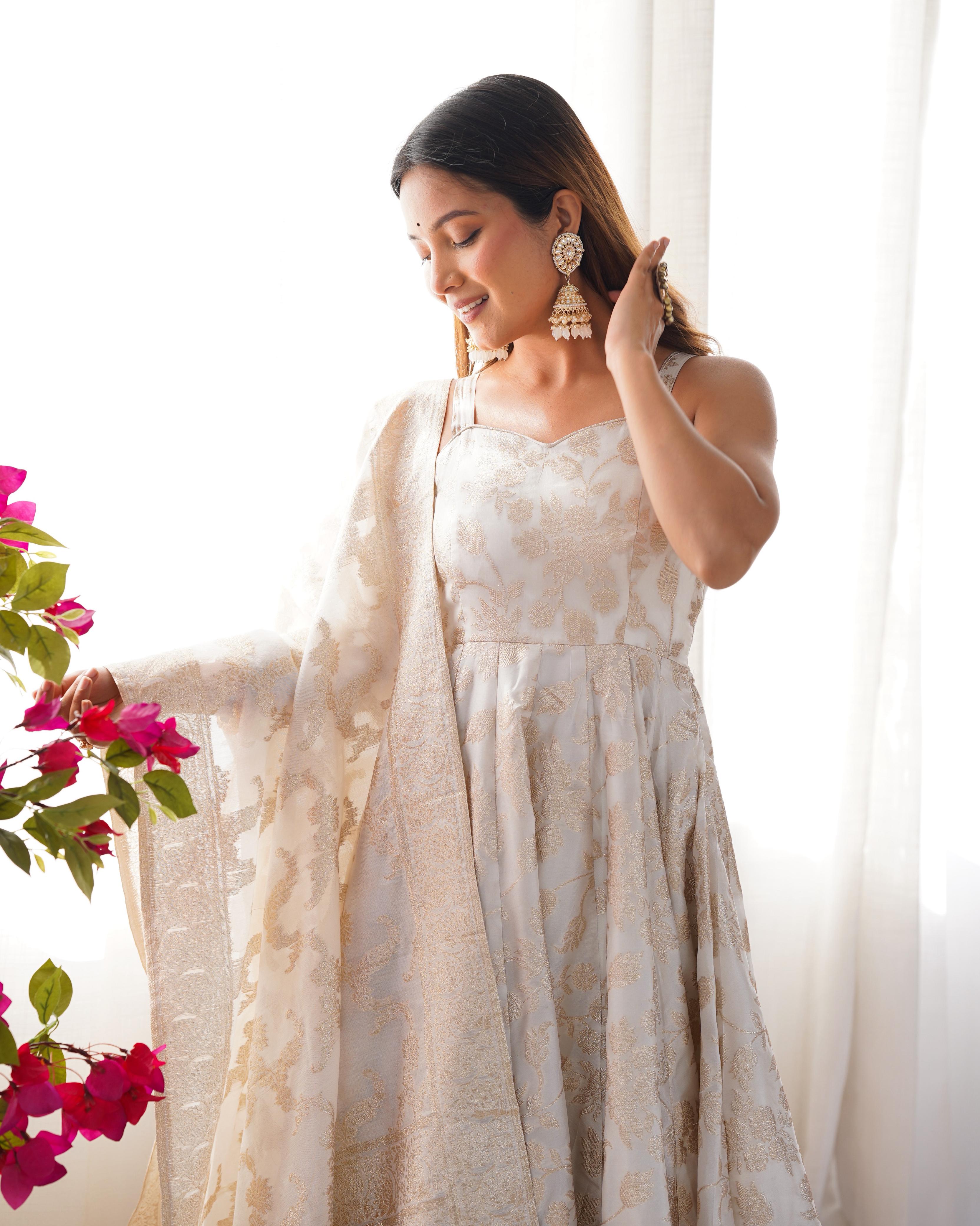 White Fancy Banarasi Jacquard Dola Silk Anarkali Suit Set