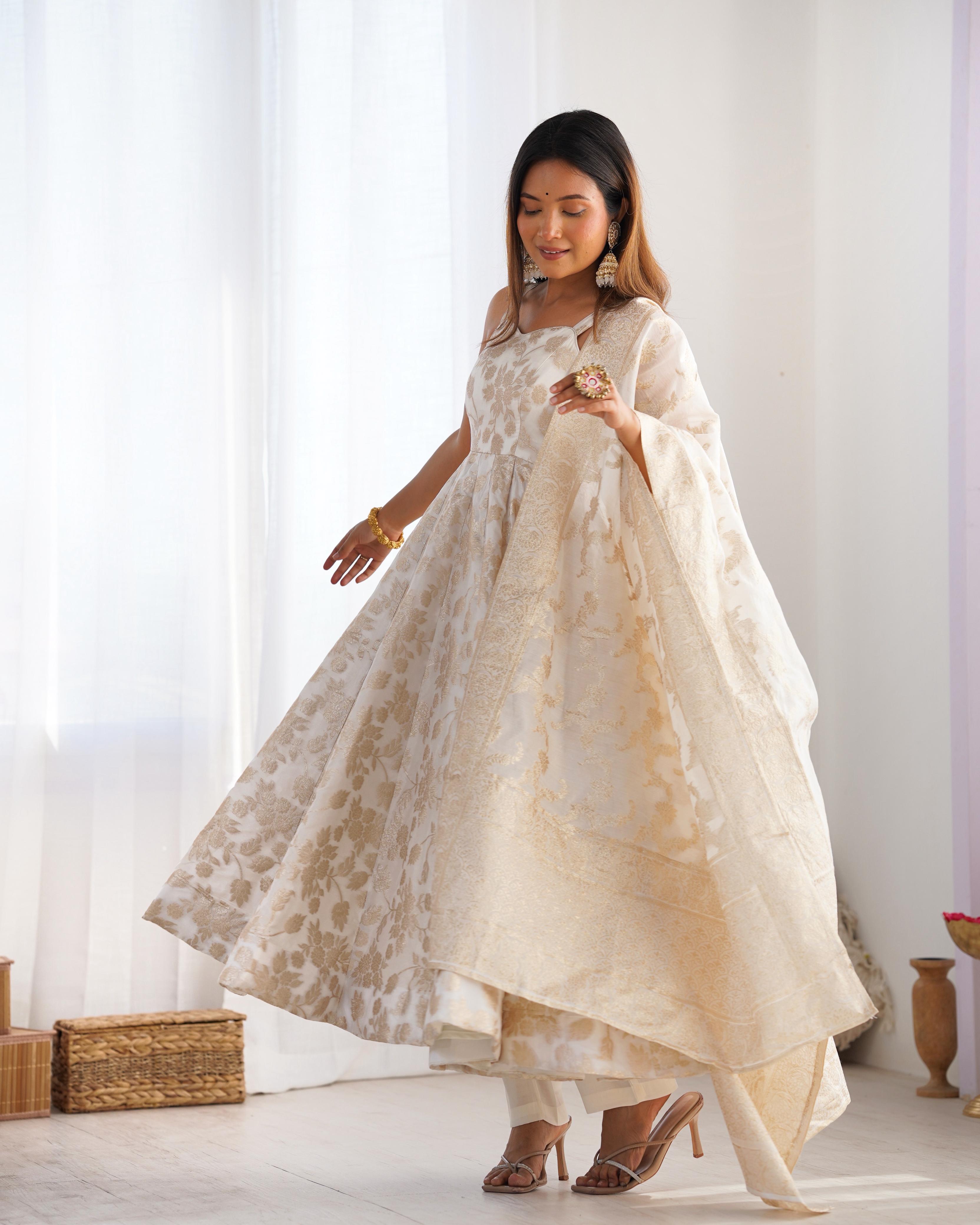 White Fancy Banarasi Jacquard Dola Silk Anarkali Suit Set