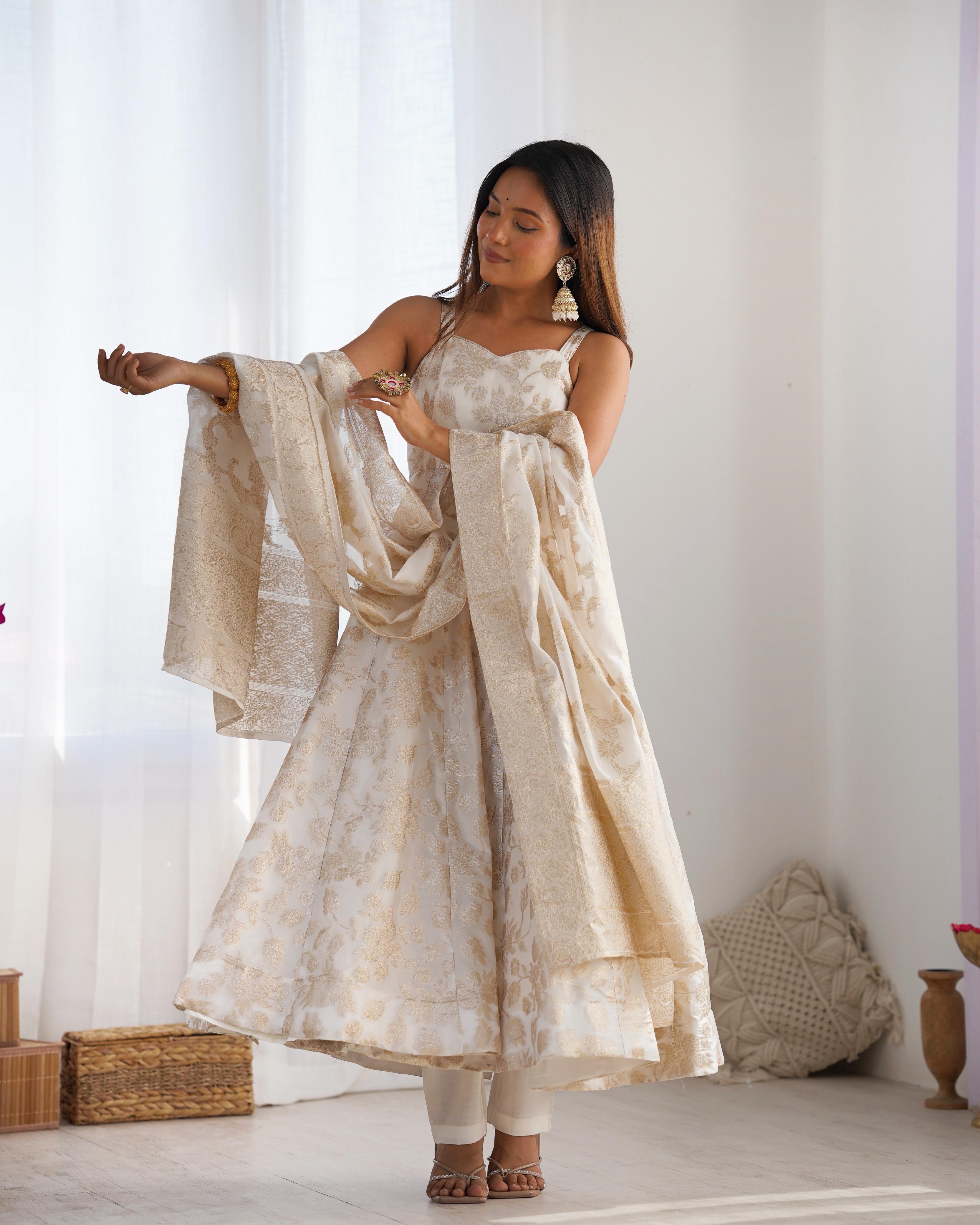 White Fancy Banarasi Jacquard Dola Silk Anarkali Suit Set