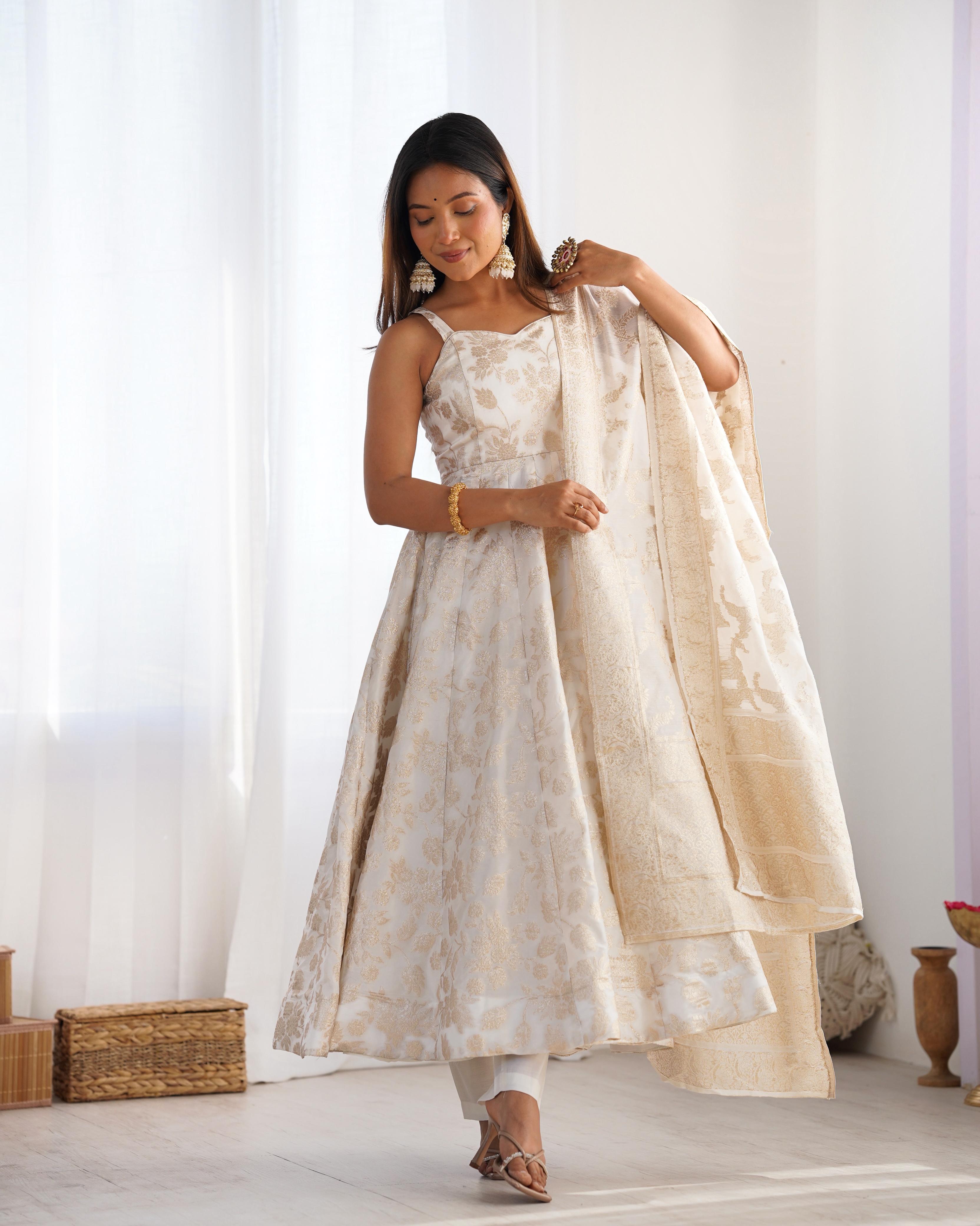 White Fancy Banarasi Jacquard Dola Silk Anarkali Suit Set