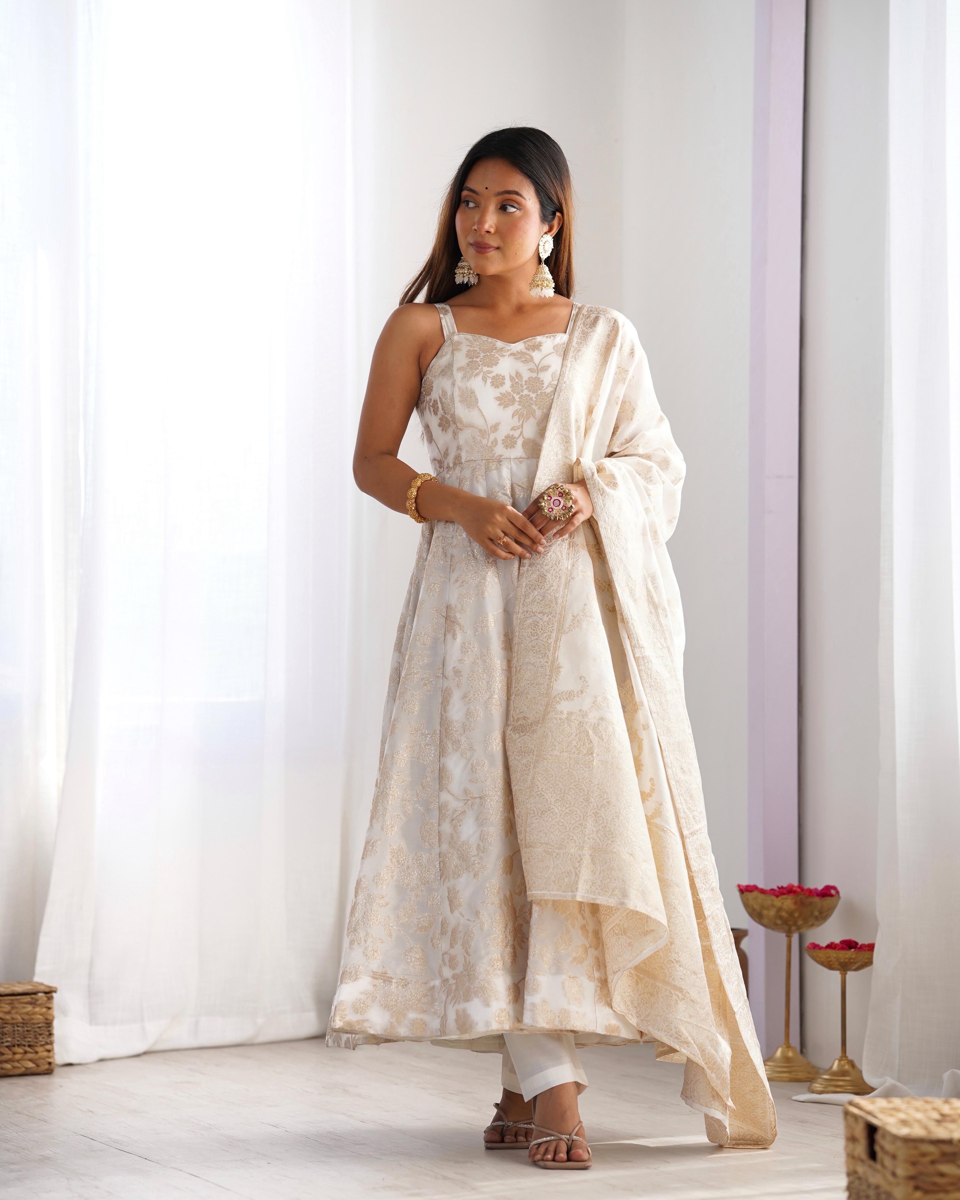 White Fancy Banarasi Jacquard Dola Silk Anarkali Suit Set