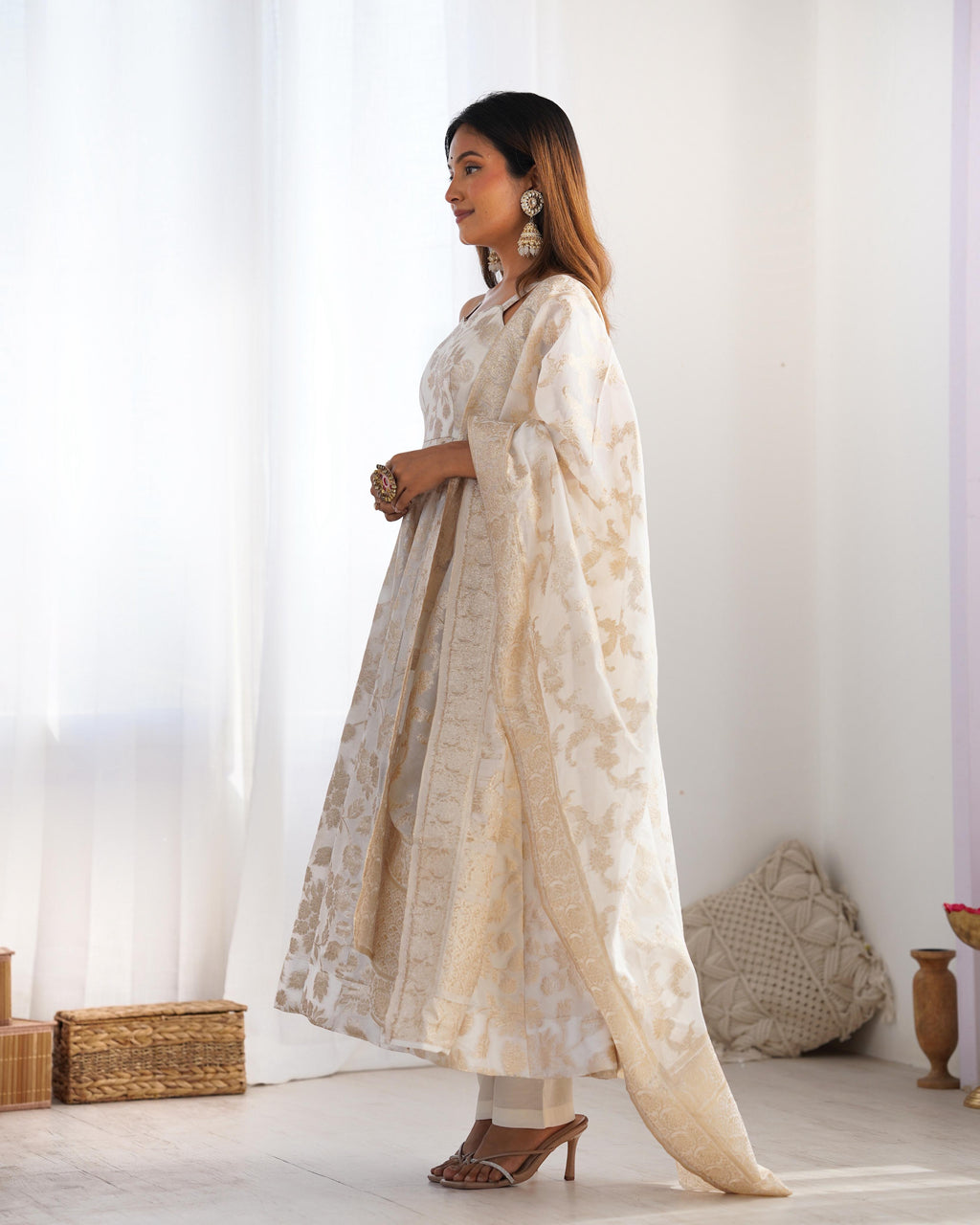 White Fancy Banarasi Jacquard Dola Silk Anarkali Suit Set