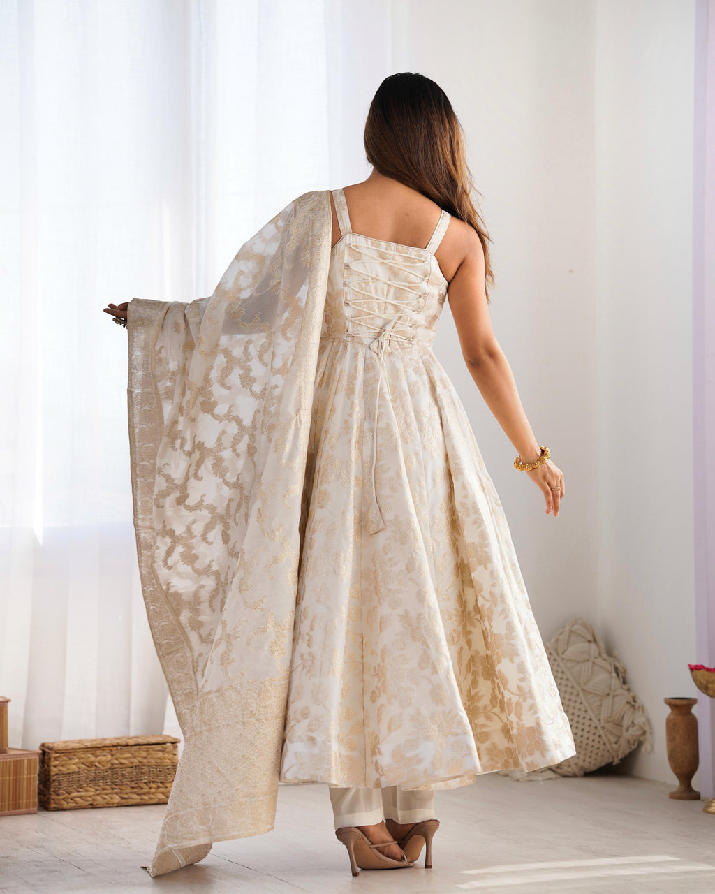 White Fancy Banarasi Jacquard Dola Silk Anarkali Suit Set