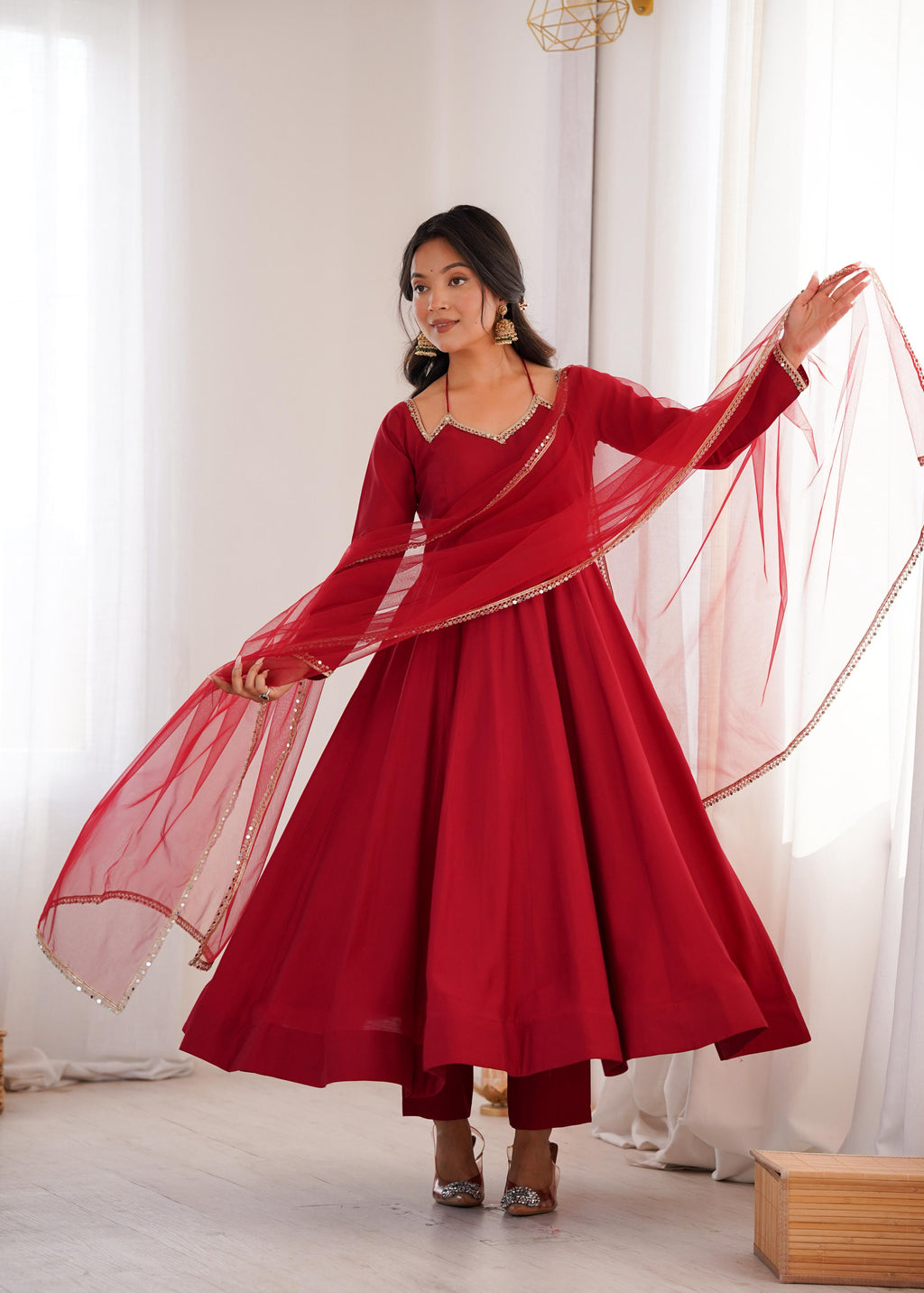 Maroon Roman Silk Chanderi Anarkali Suit Set Mirror Lace Work Festive Wear