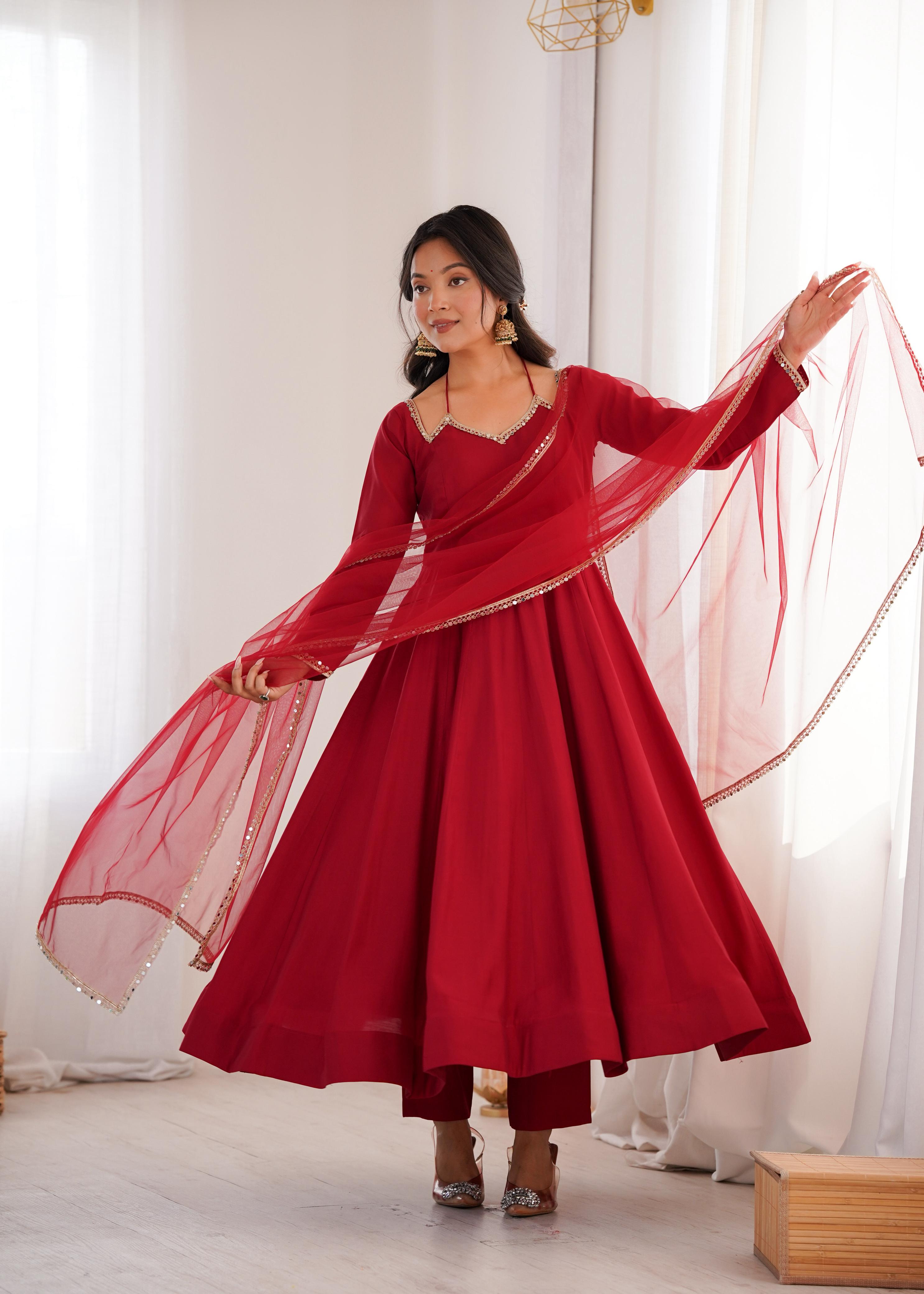 Maroon Roman Silk Chanderi Anarkali Suit Set Mirror Lace Work Festive Wear