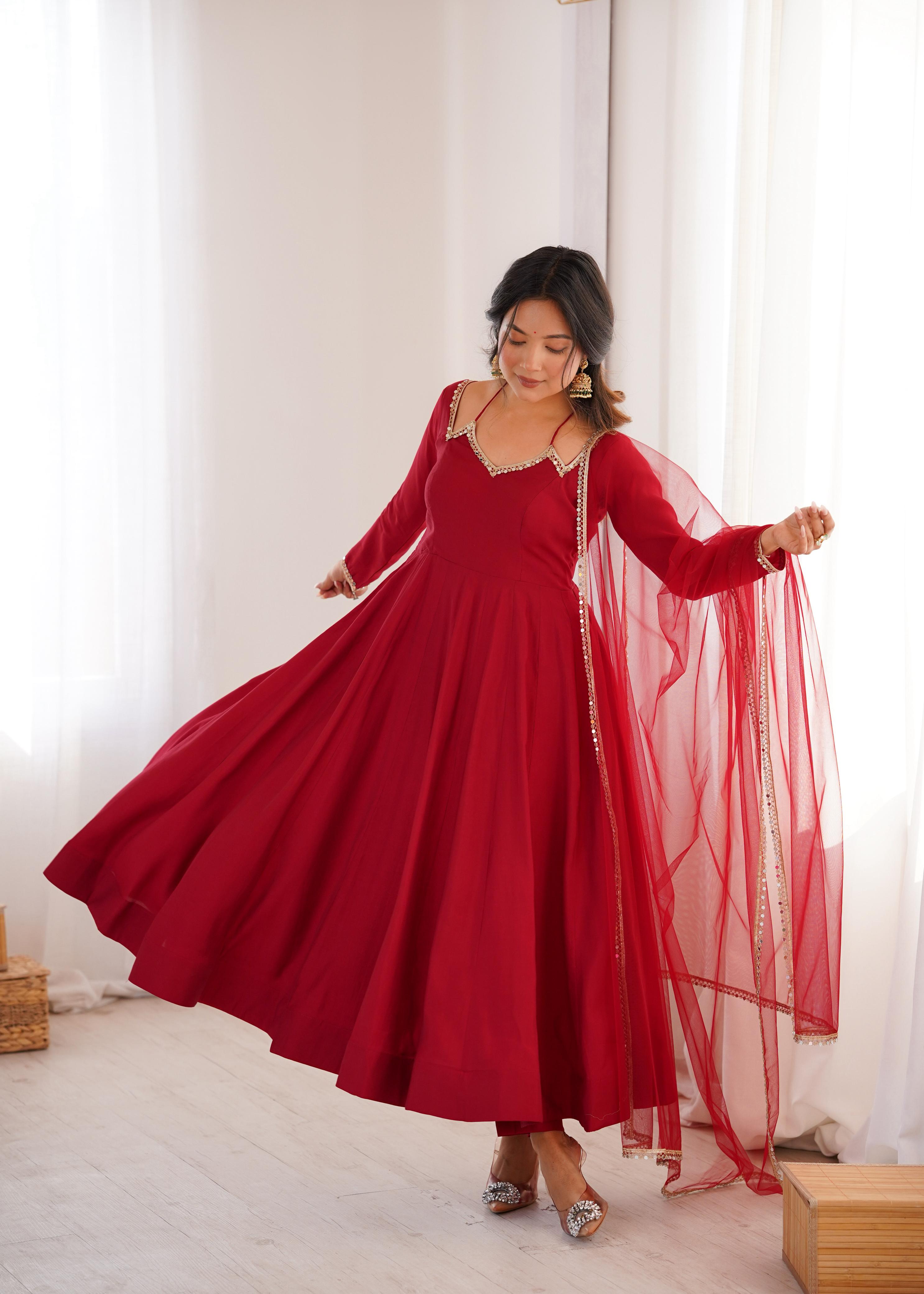 Maroon Roman Silk Chanderi Anarkali Suit Set Mirror Lace Work Festive Wear