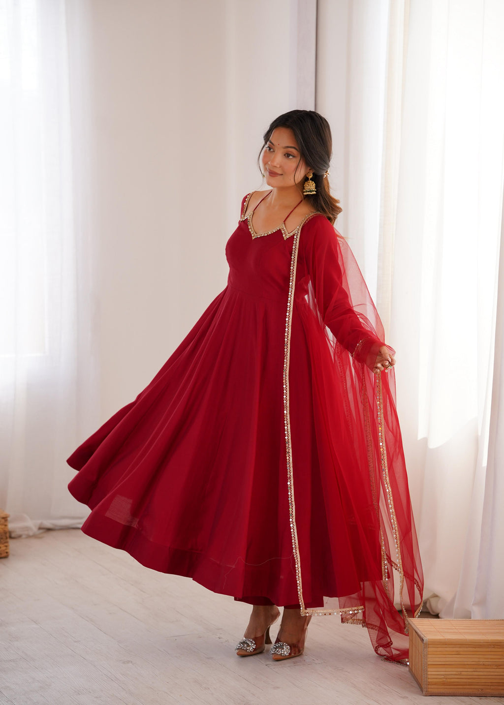 Maroon Roman Silk Chanderi Anarkali Suit Set Mirror Lace Work Festive Wear