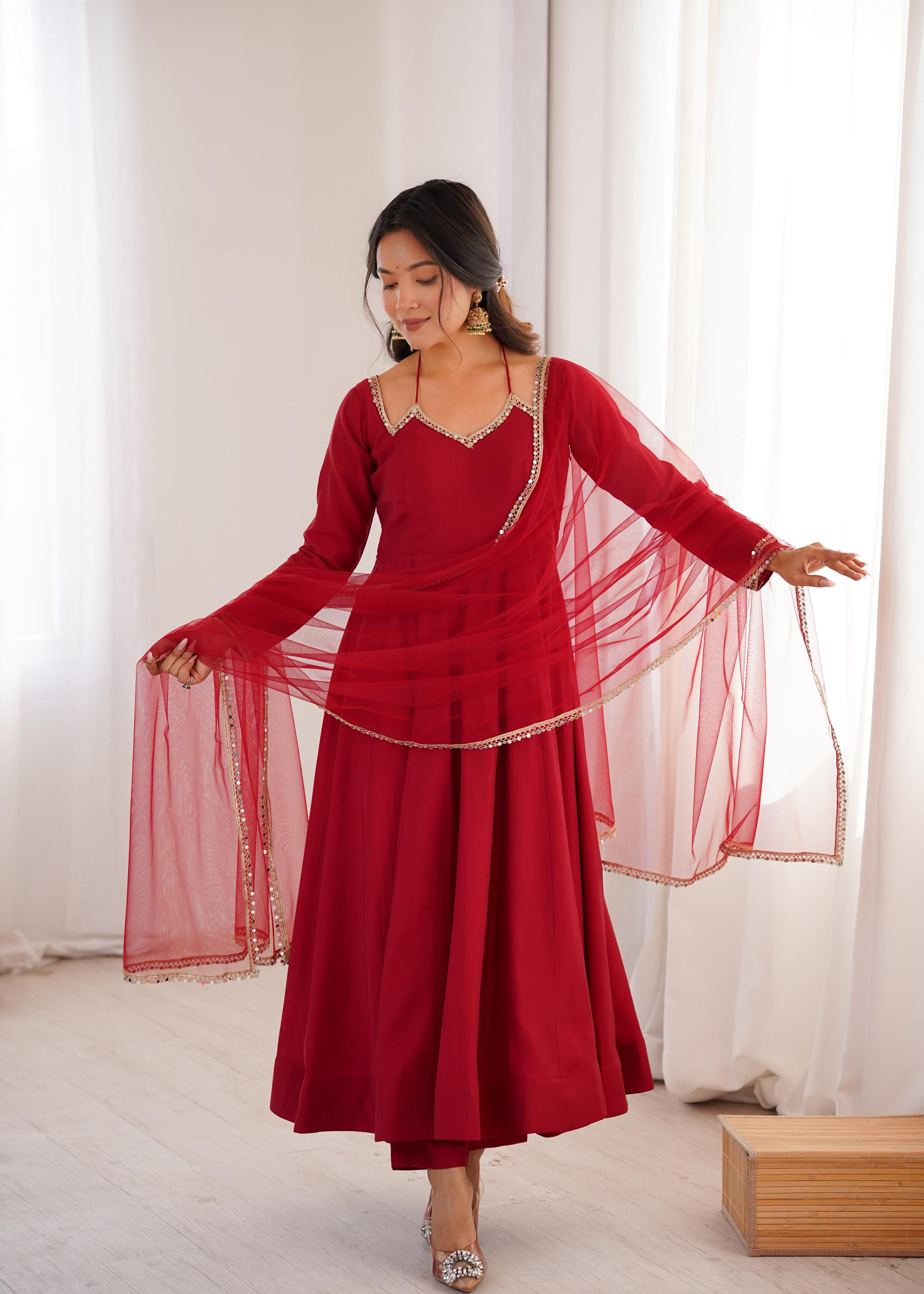 Maroon Roman Silk Chanderi Anarkali Suit Set Mirror Lace Work Festive Wear