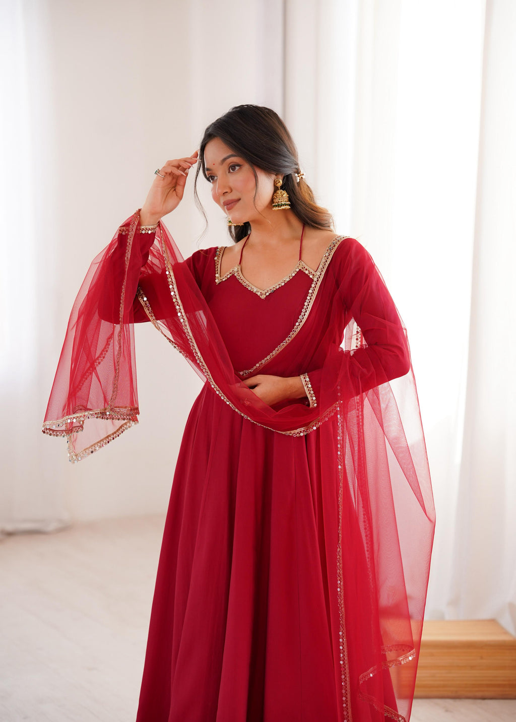 Maroon Roman Silk Chanderi Anarkali Suit Set Mirror Lace Work Festive Wear