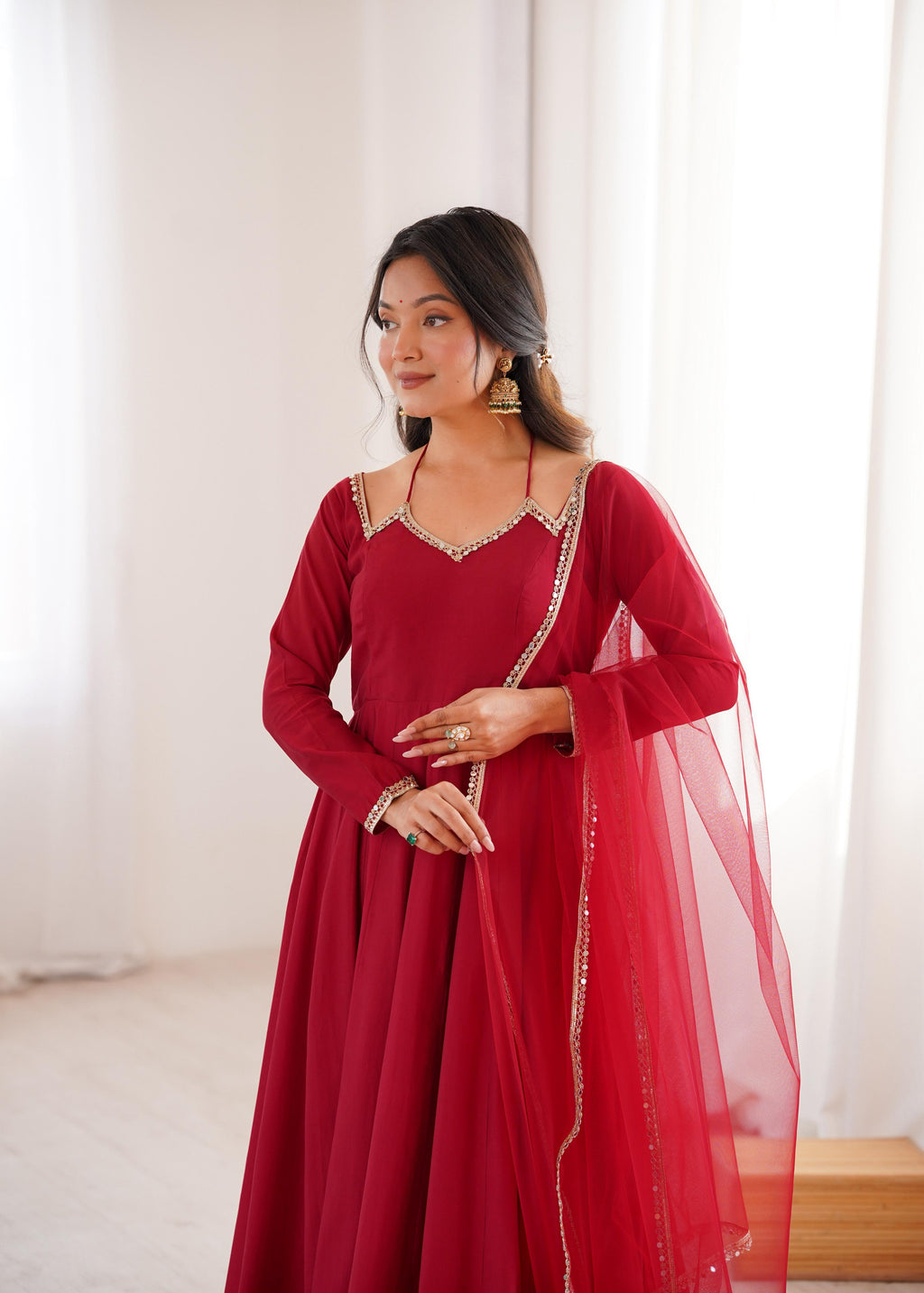 Maroon Roman Silk Chanderi Anarkali Suit Set Mirror Lace Work Festive Wear