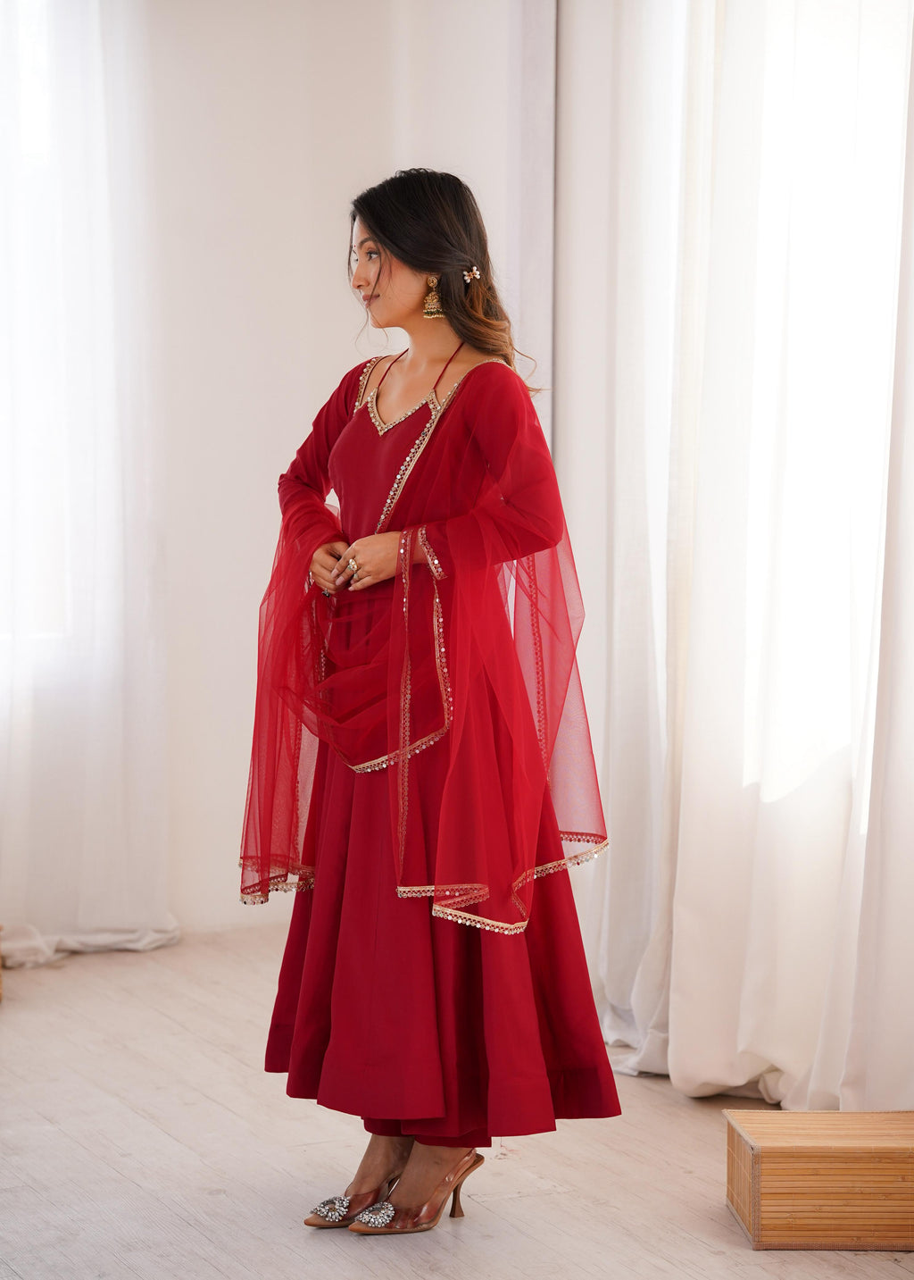 Maroon Roman Silk Chanderi Anarkali Suit Set Mirror Lace Work Festive Wear