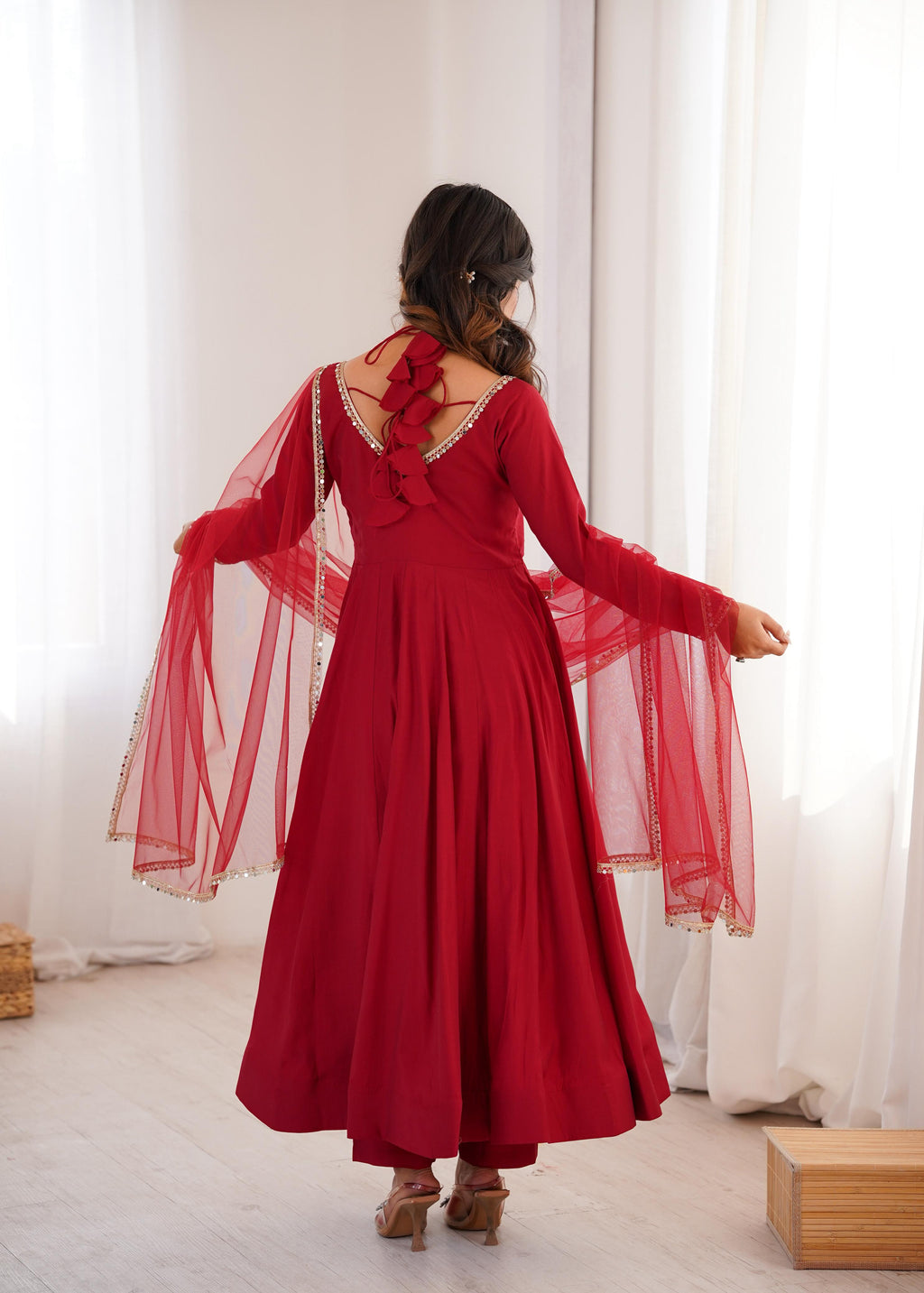 Maroon Roman Silk Chanderi Anarkali Suit Set Mirror Lace Work Festive Wear