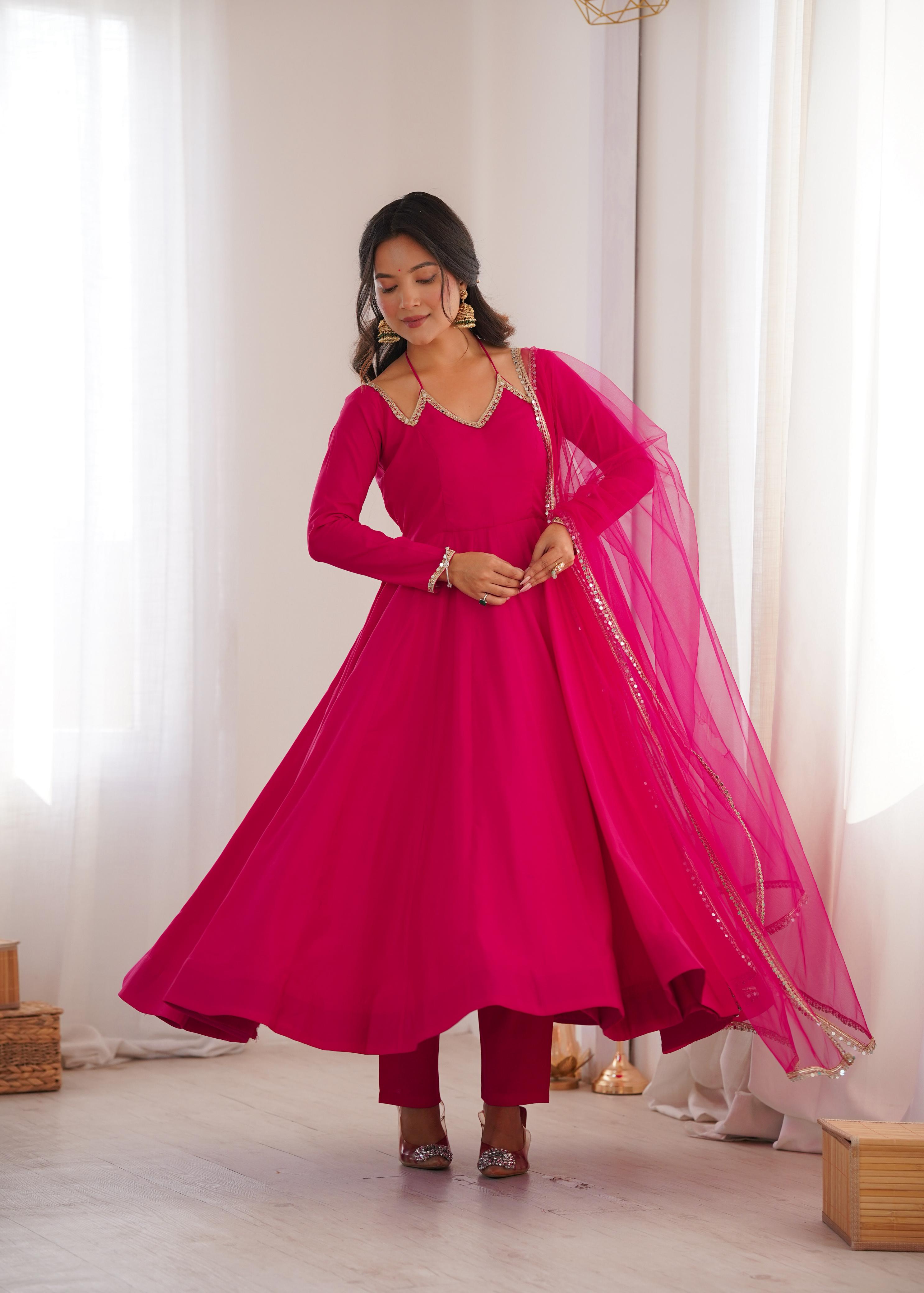 Pink Roman Silk Chanderi Anarkali Suit Set Mirror Lace Work Festive Wear