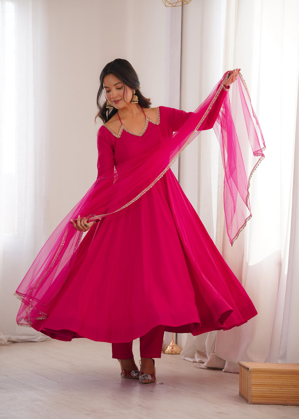 Pink Roman Silk Chanderi Anarkali Suit Set Mirror Lace Work Festive Wear