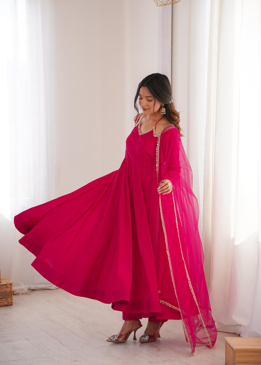 Pink Roman Silk Chanderi Anarkali Suit Set Mirror Lace Work Festive Wear