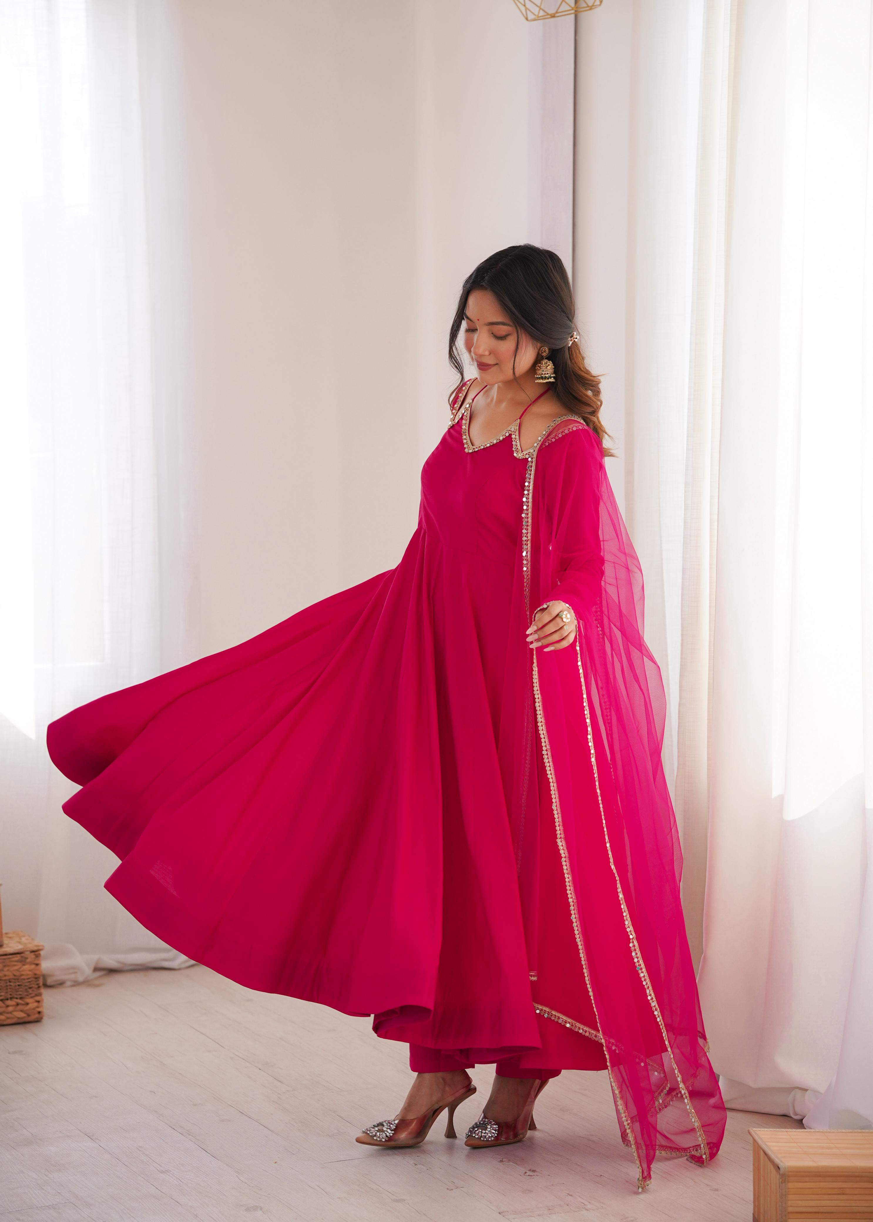 Pink Roman Silk Chanderi Anarkali Suit Set Mirror Lace Work Festive Wear