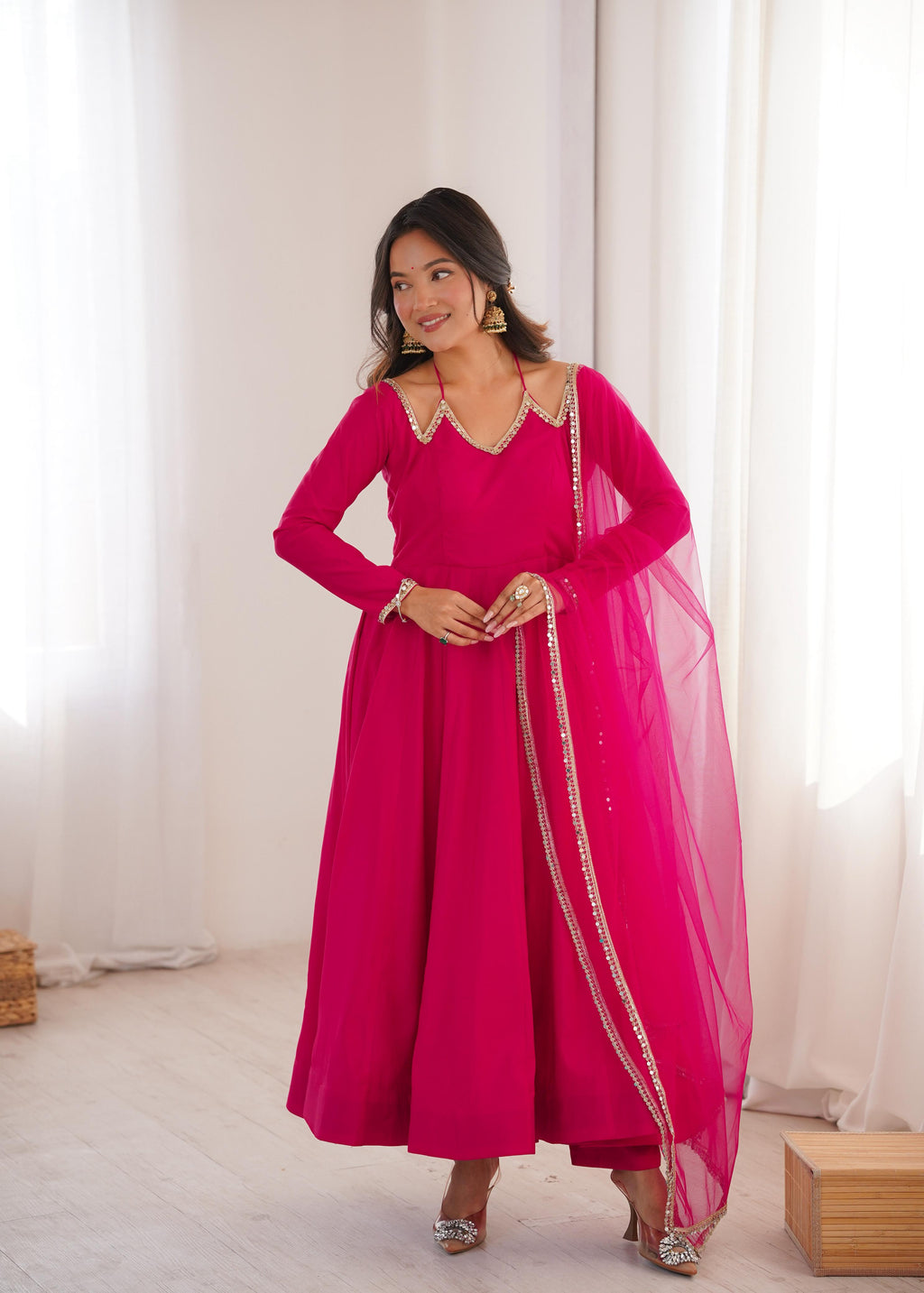 Pink Roman Silk Chanderi Anarkali Suit Set Mirror Lace Work Festive Wear