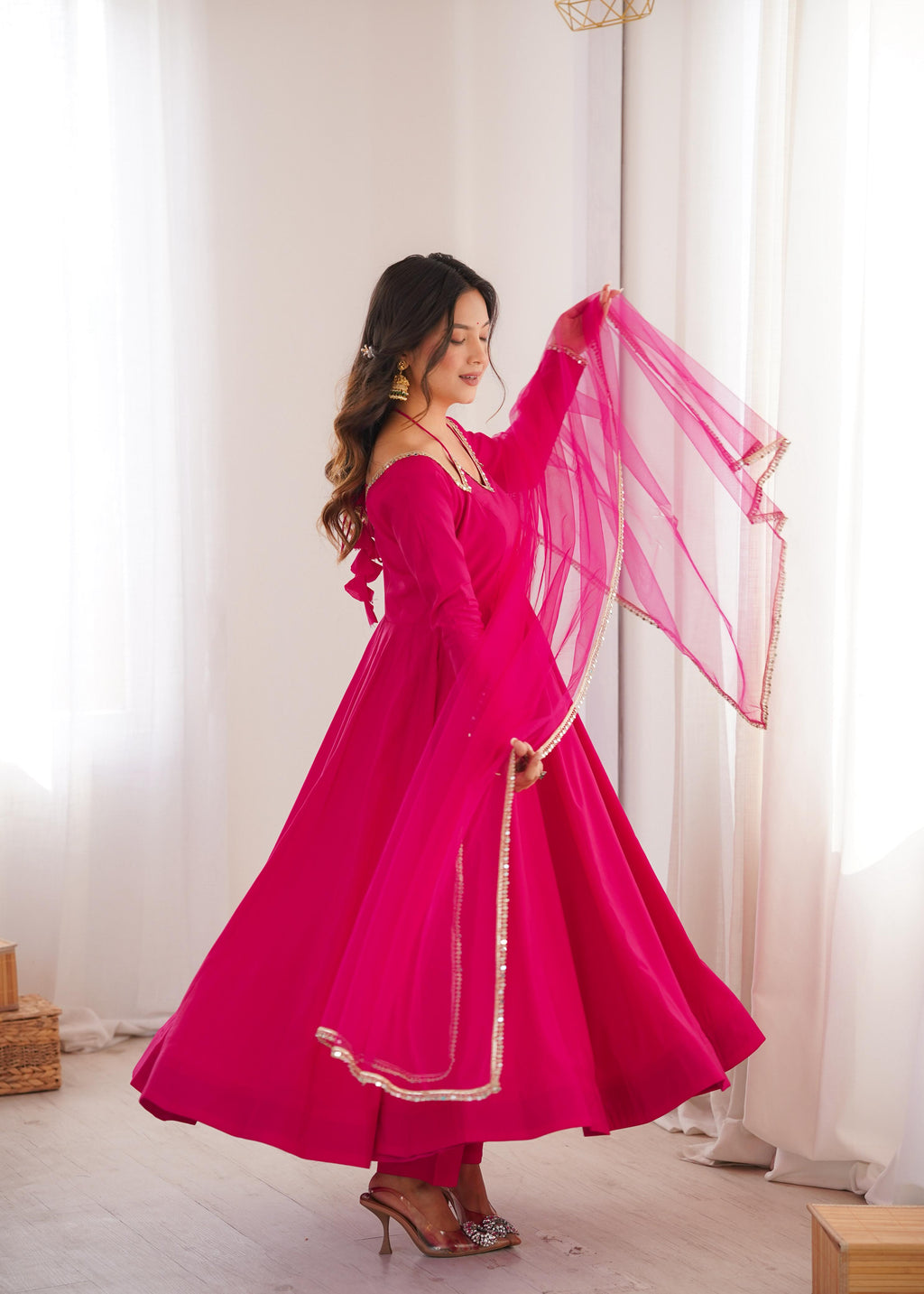 Pink Roman Silk Chanderi Anarkali Suit Set Mirror Lace Work Festive Wear