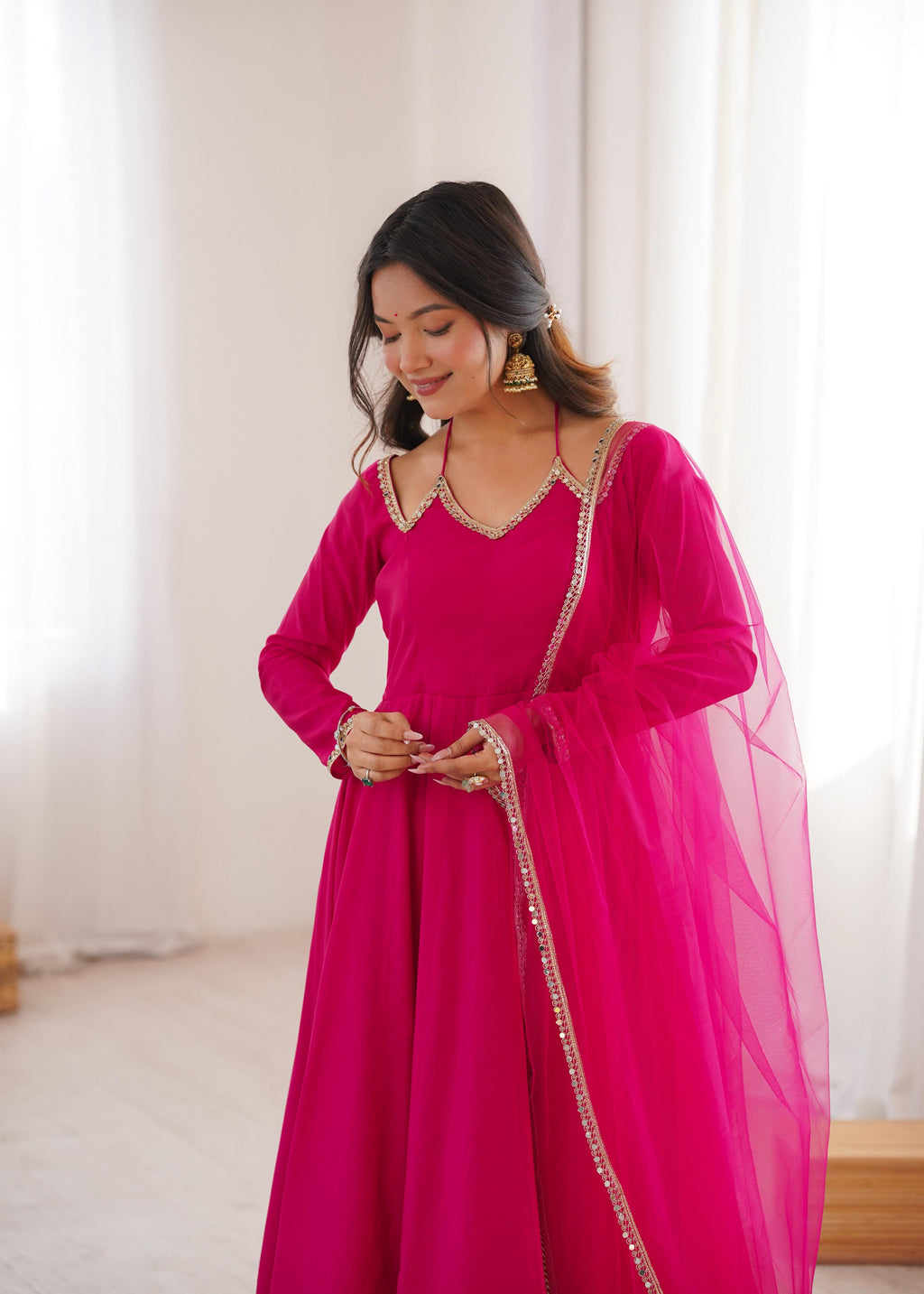 Pink Roman Silk Chanderi Anarkali Suit Set Mirror Lace Work Festive Wear