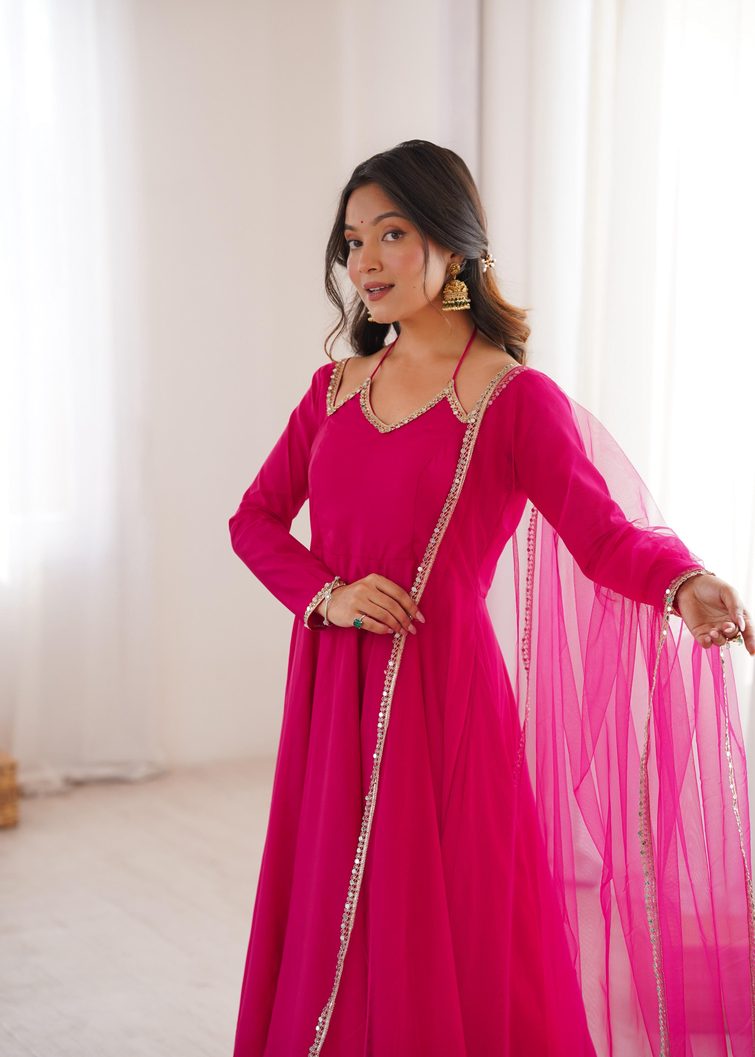 Pink Roman Silk Chanderi Anarkali Suit Set Mirror Lace Work Festive Wear