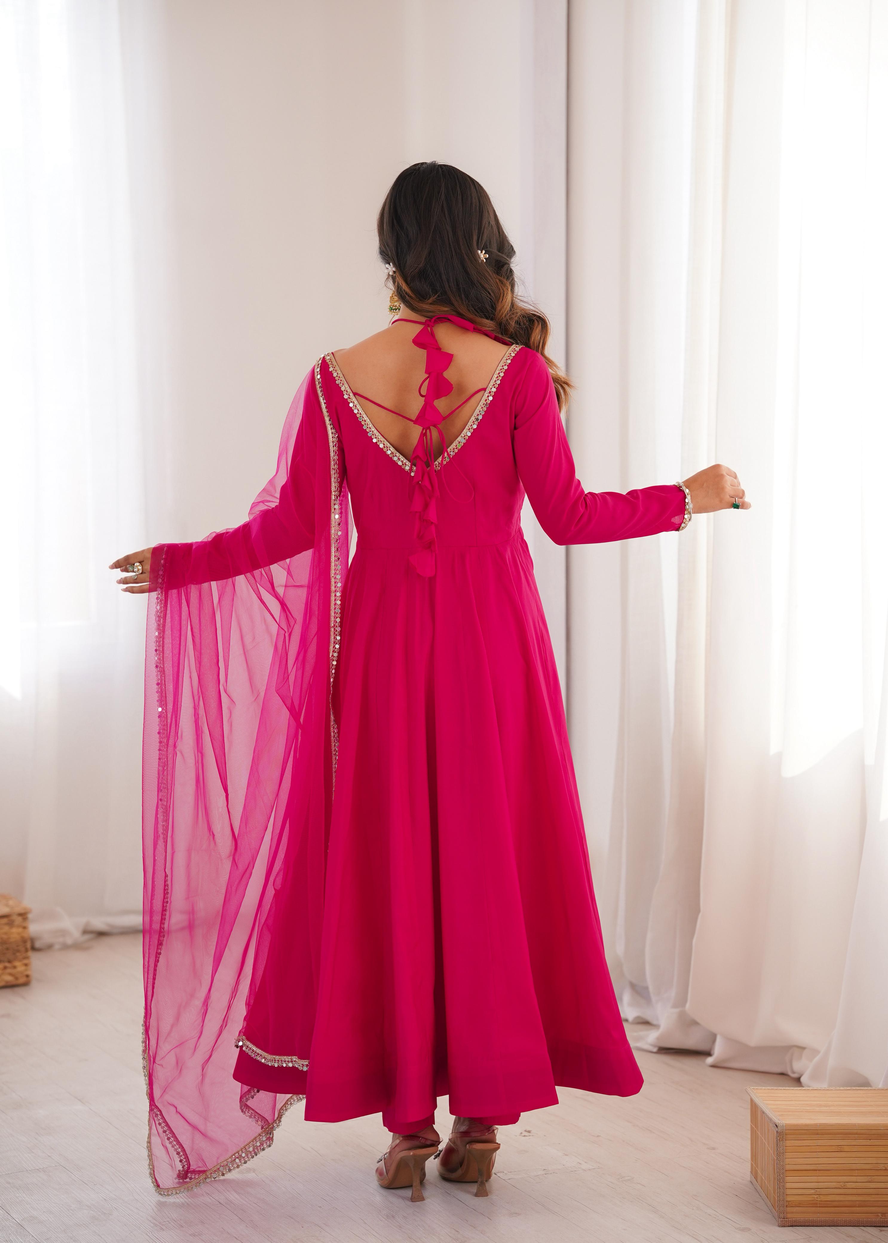 Pink Roman Silk Chanderi Anarkali Suit Set Mirror Lace Work Festive Wear