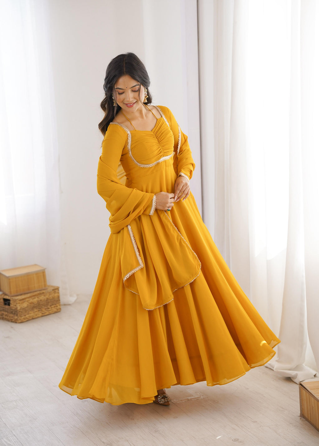 Yellow Pure Georgette Anarkali Dress with Dupatta for festive occasions