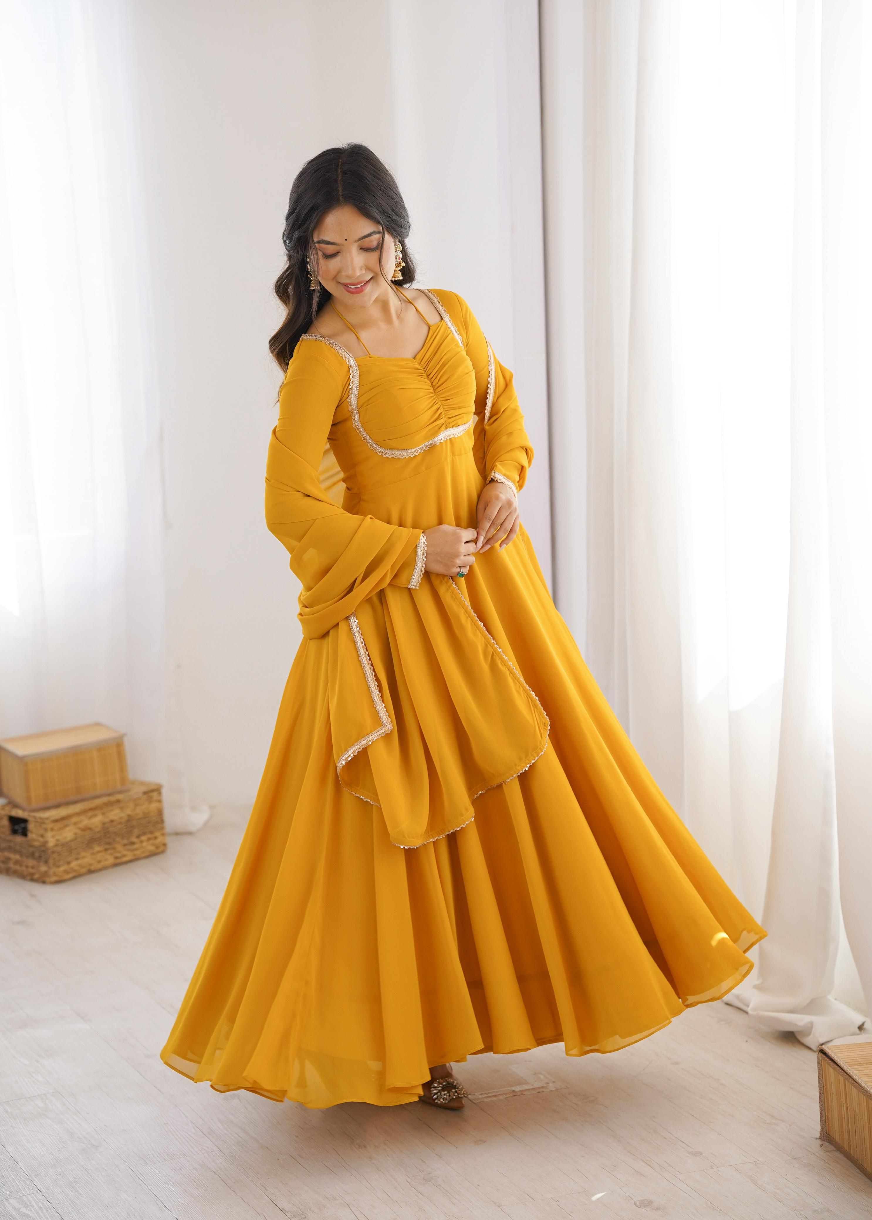 Yellow Pure Georgette Anarkali Dress with Dupatta for festive occasions
